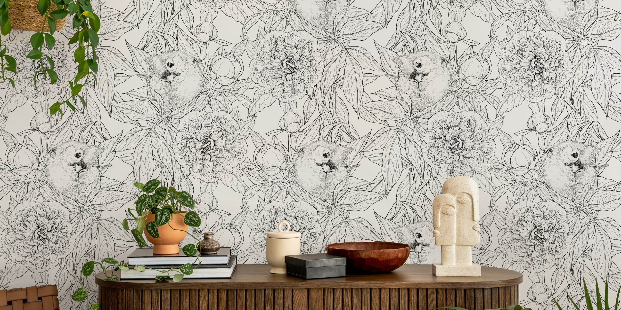 Birds and peony flowers in black and white wallpaper