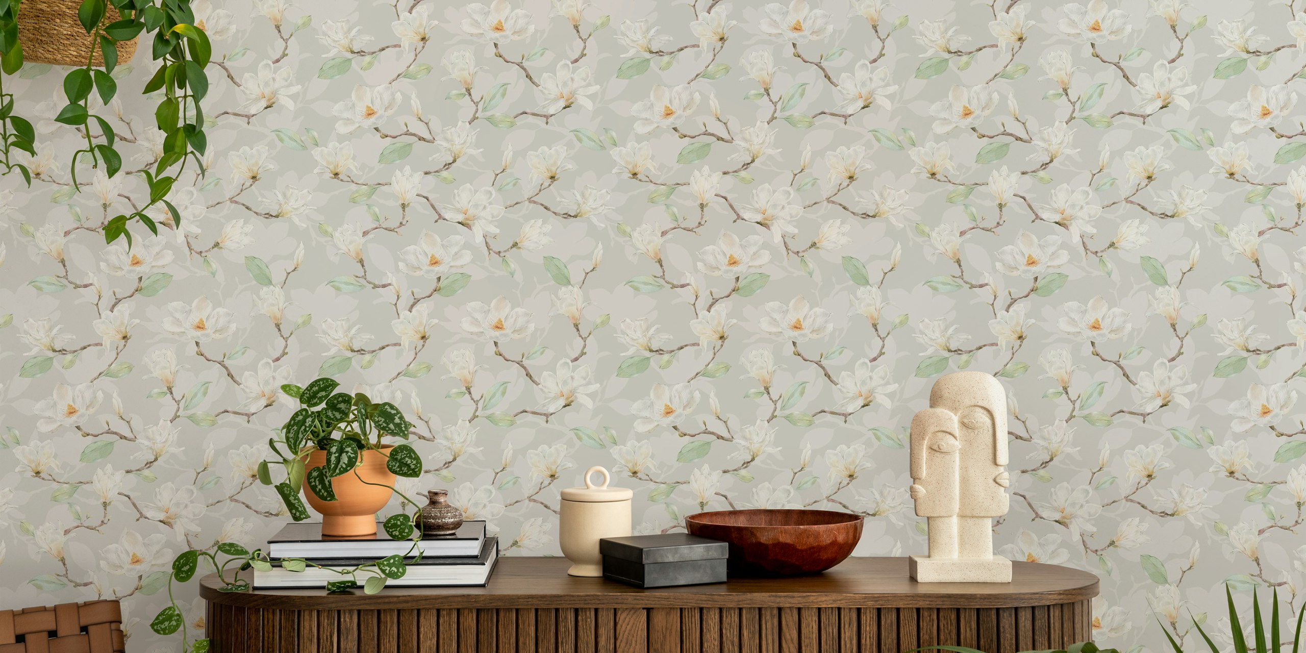 Magnolia flowers with green leaves on gray background wallpaper