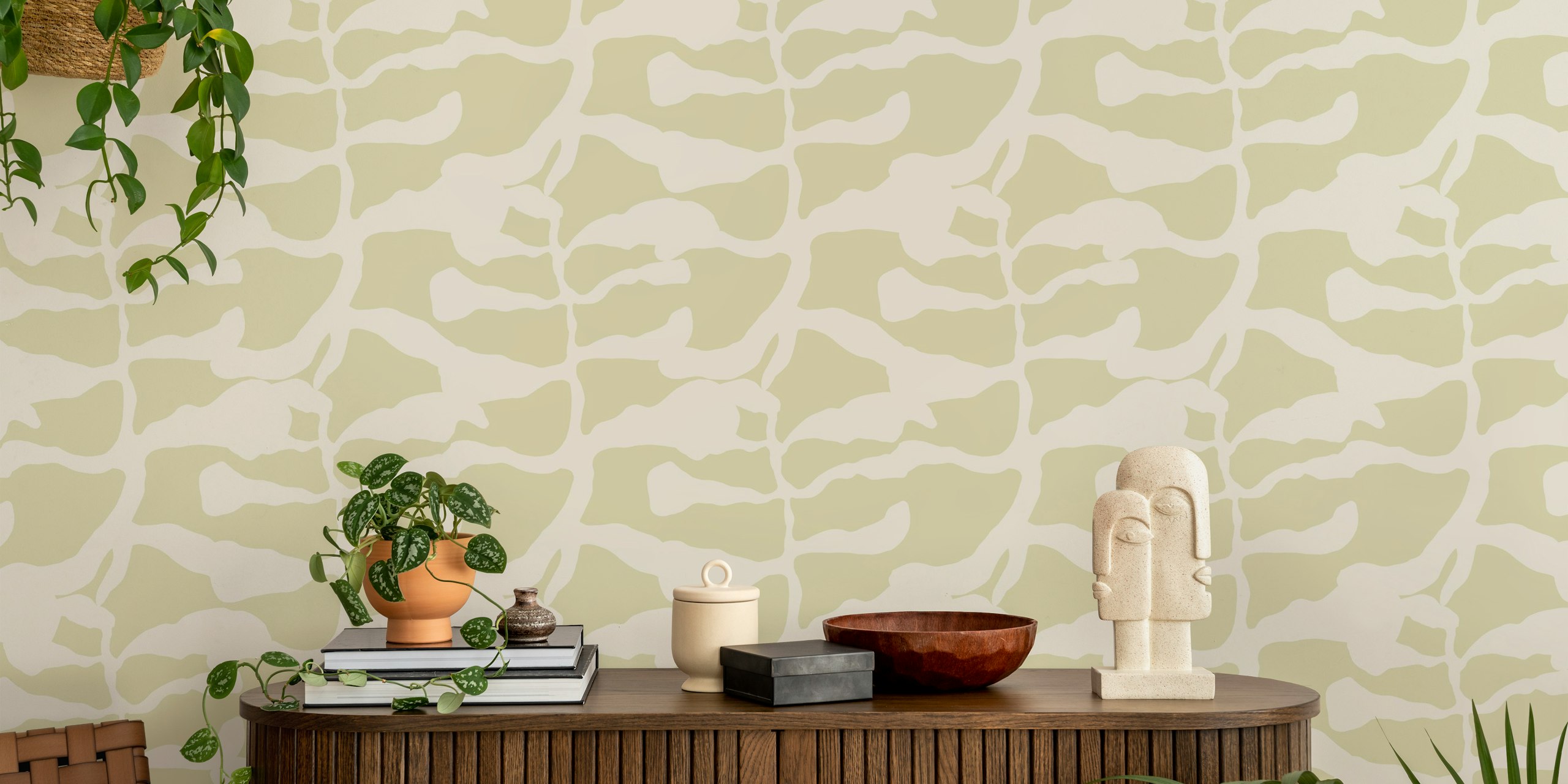 Cream abstract leafy shapes wallpaper in organic style