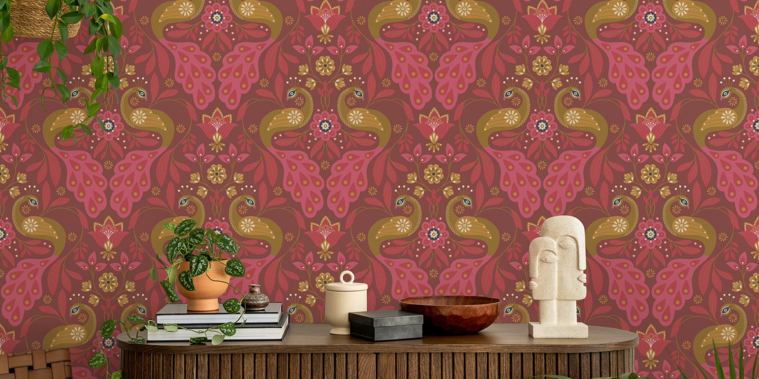 Majestic Peacocks wallpaper design in a room