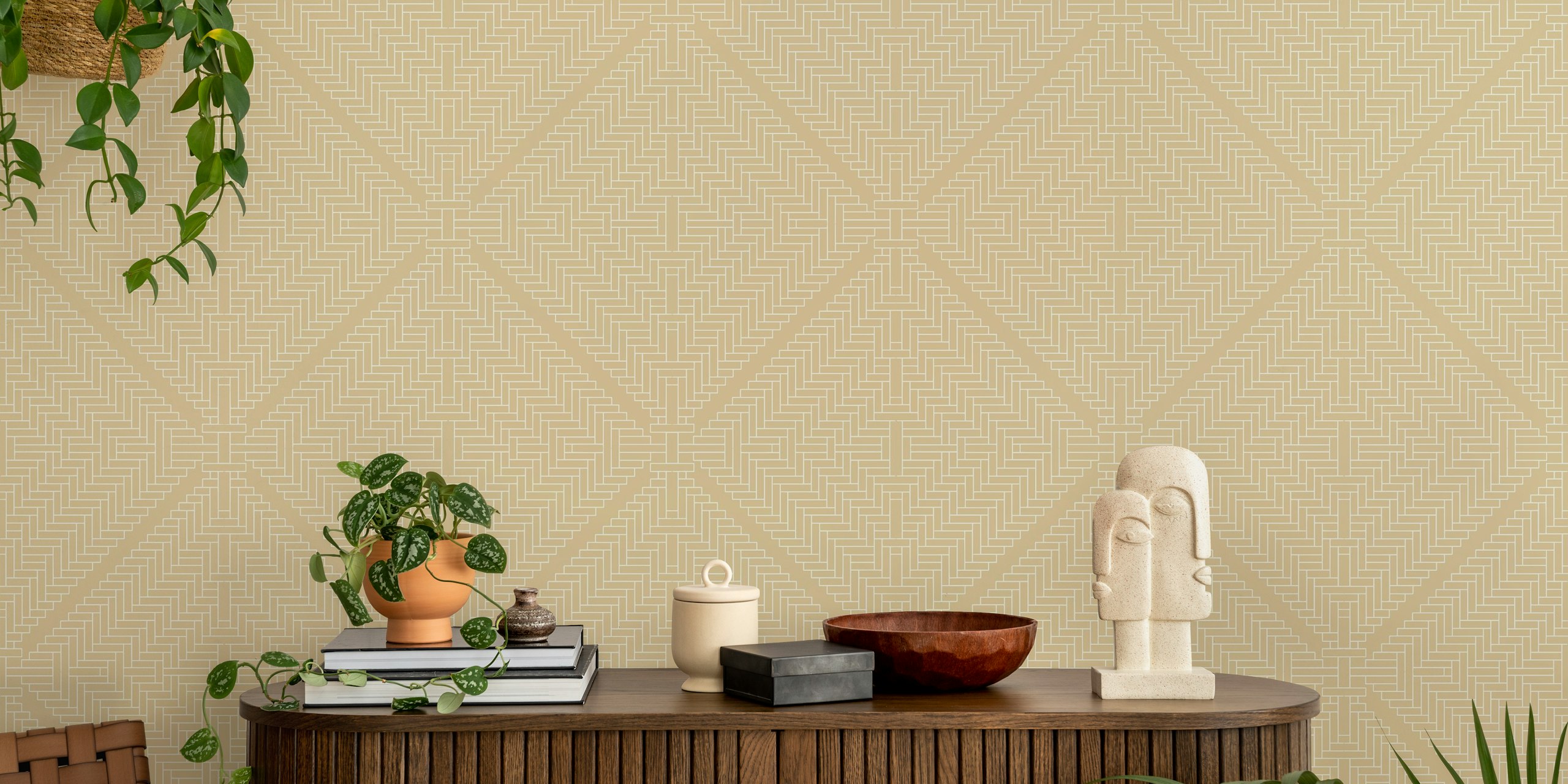 Rattan Tiles Beige wallpaper in a room