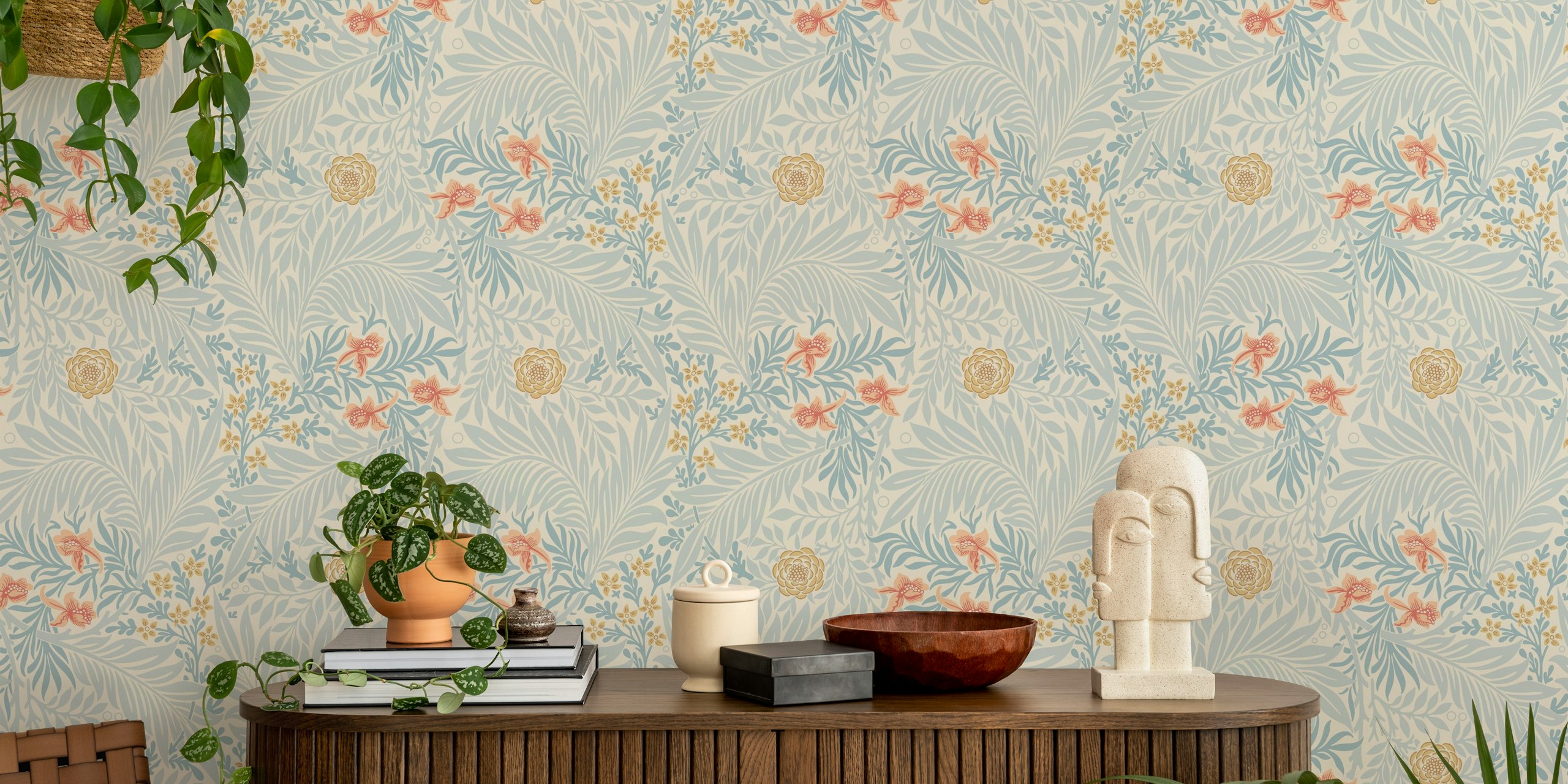 Floral pattern with blue and green leaves and gold accents wallpaper