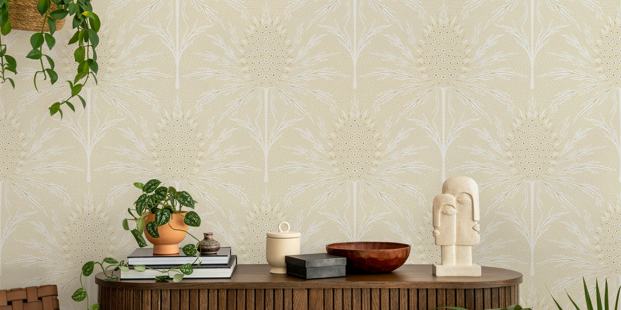 Beige floral wallpaper with intricate white thistle design