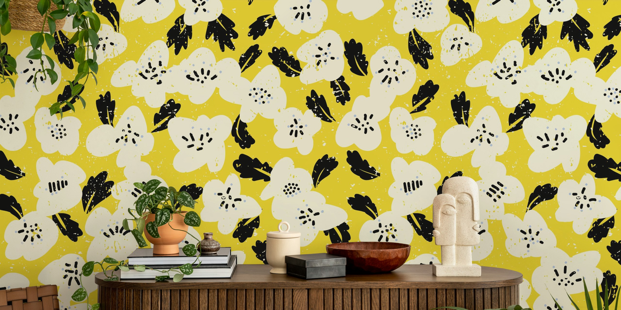 Bold flowers on yellow wallpaper in a room