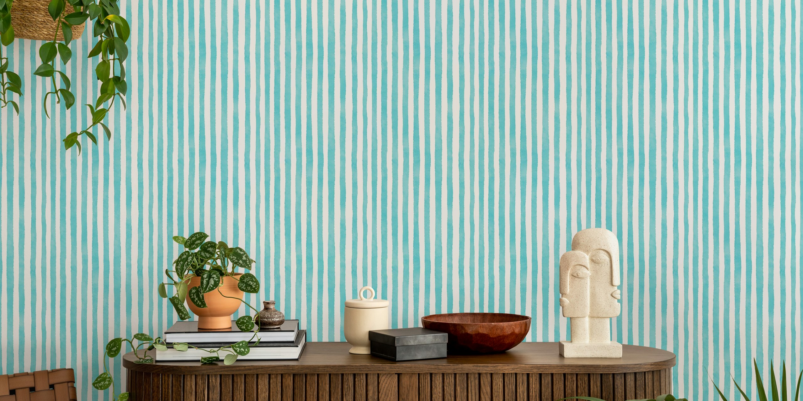 Turquoise watercolor fine stripes wallpaper in a room