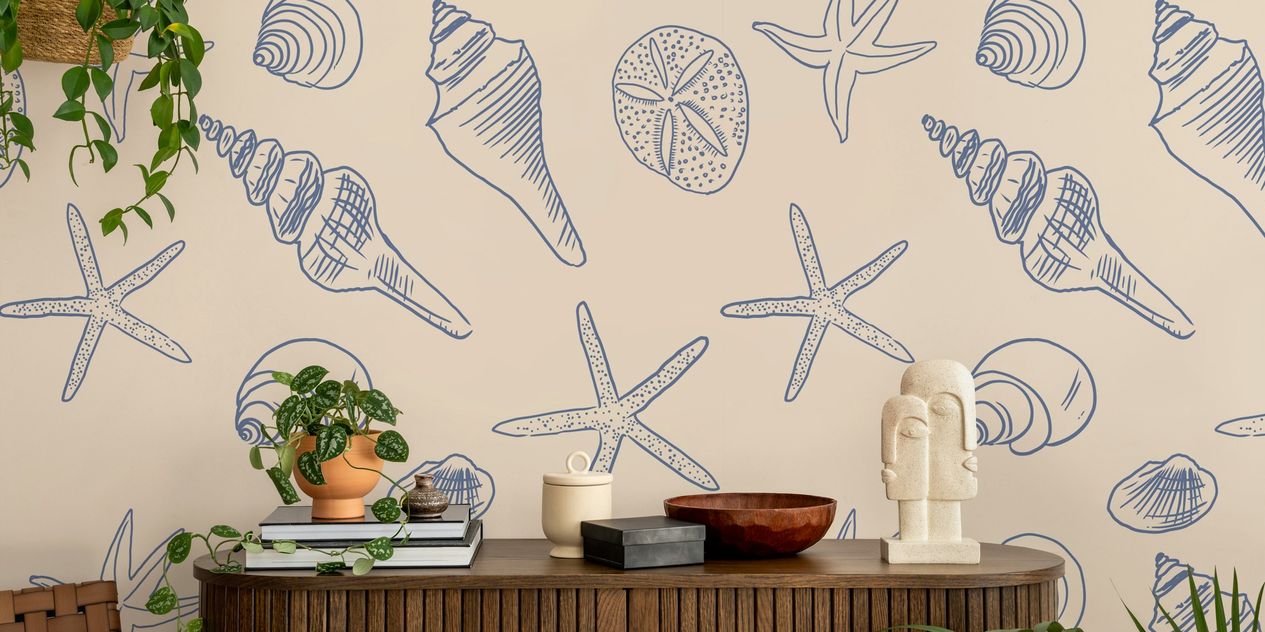 Seahorse and shell patterns in blue on ivories wallpaper