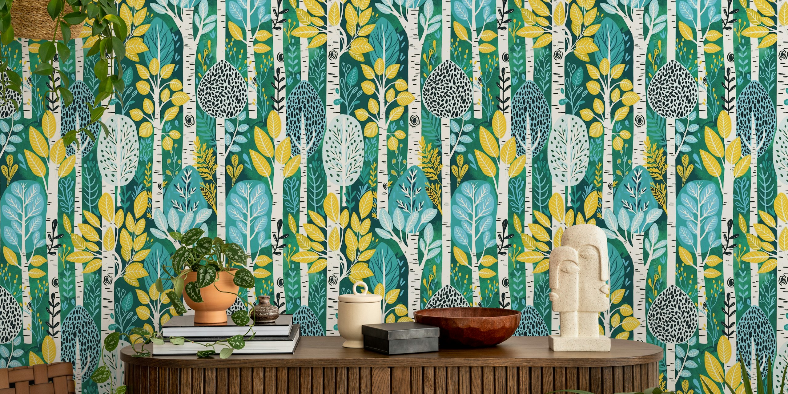 Green foliage with trees and leaves wallpaper