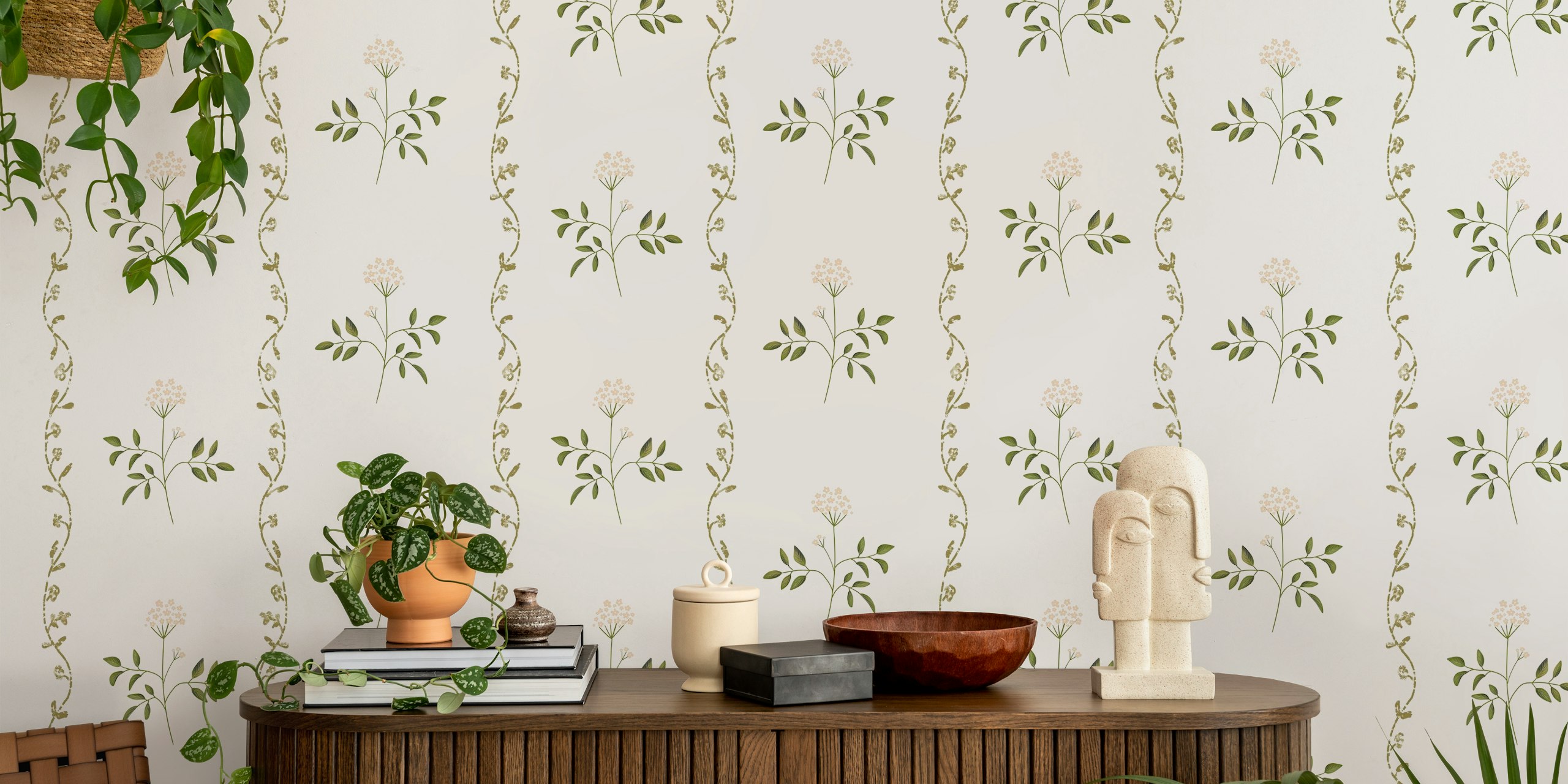 Minimal floral stripes wallpaper in a room