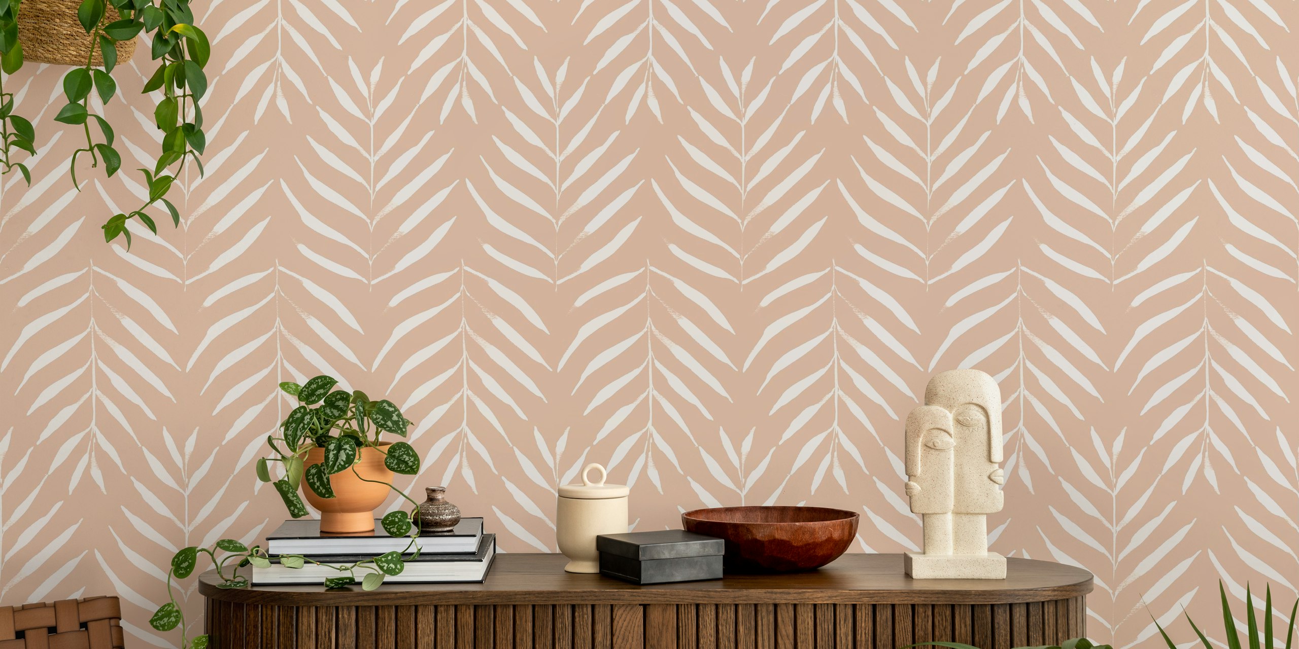 Beige palm leaf pattern on cream background wallpaper