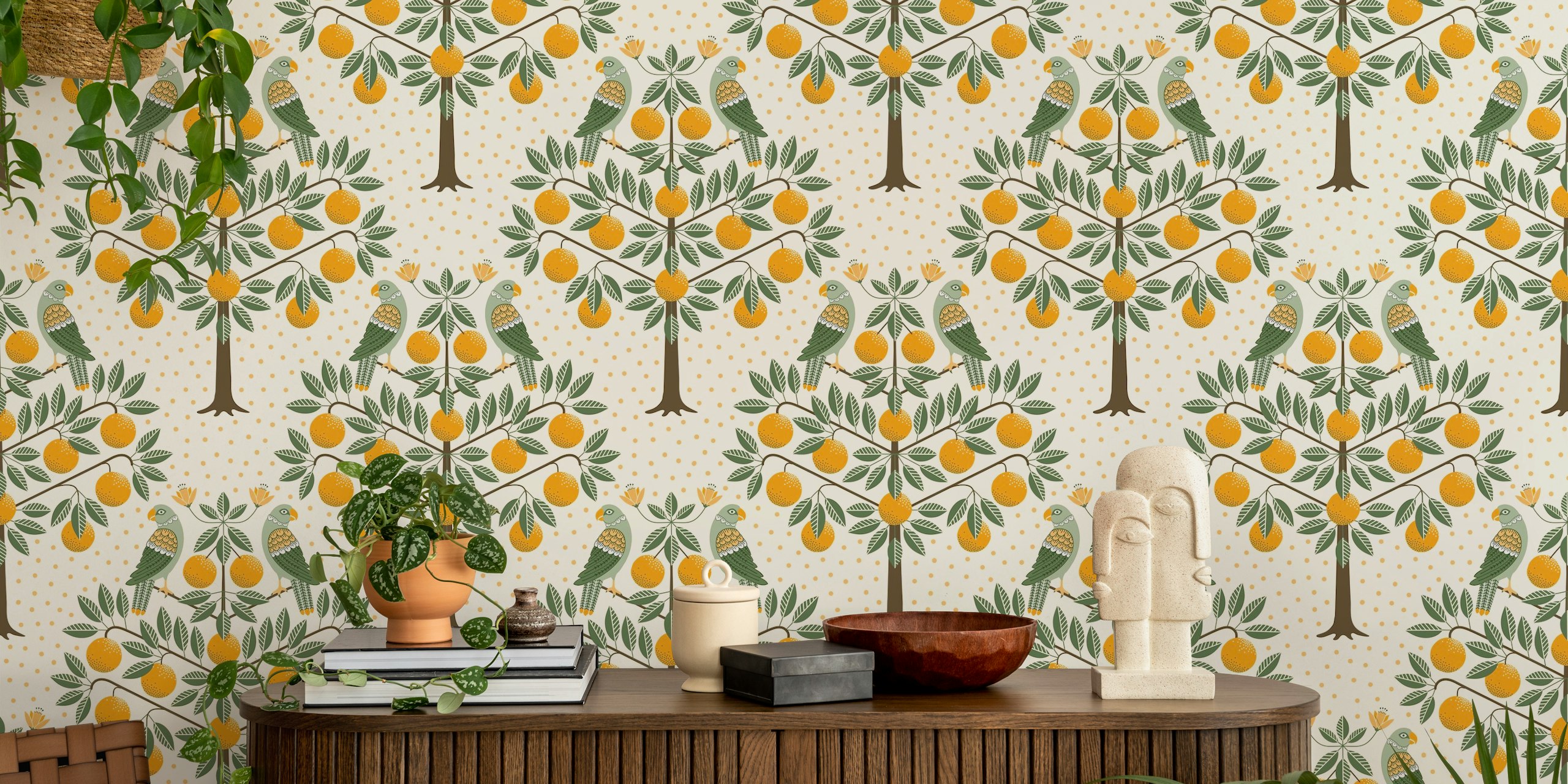 Parrots and orange tree design with green leaves and orange fruit wallpaper