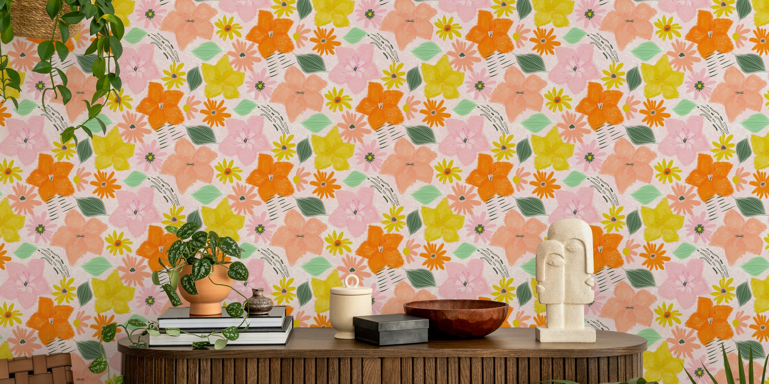 Colorful floral pattern with orange and pink flowers on a light pink background wallpaper