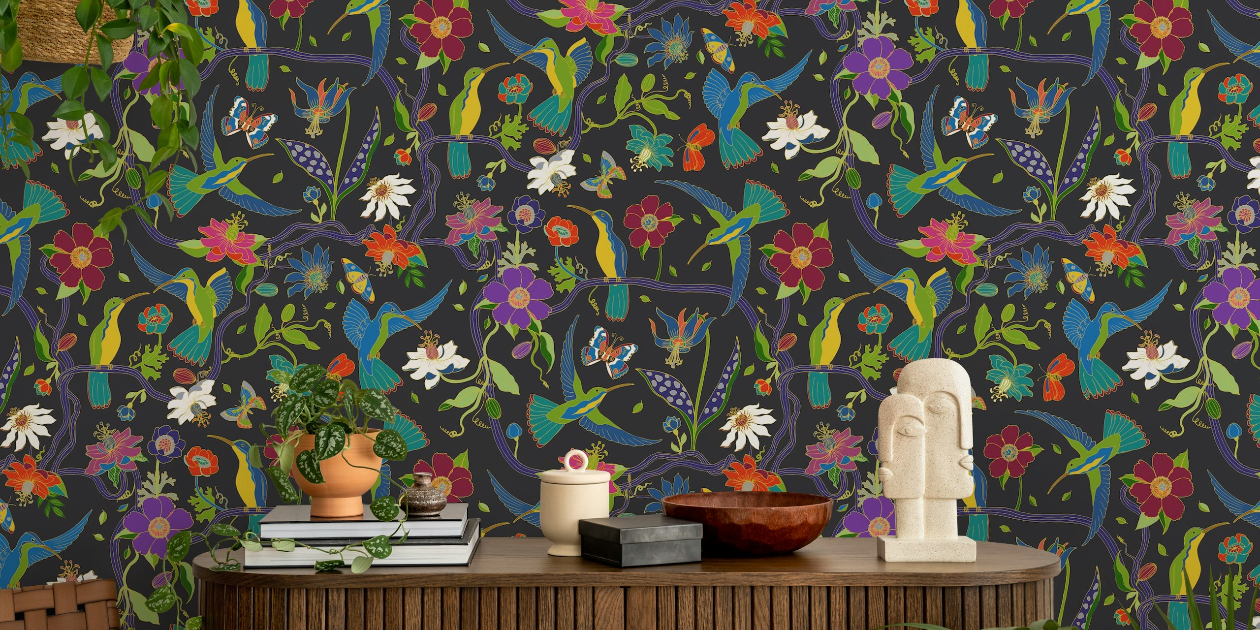 Colorful hummingbirds and passion flowers on black background wallpaper