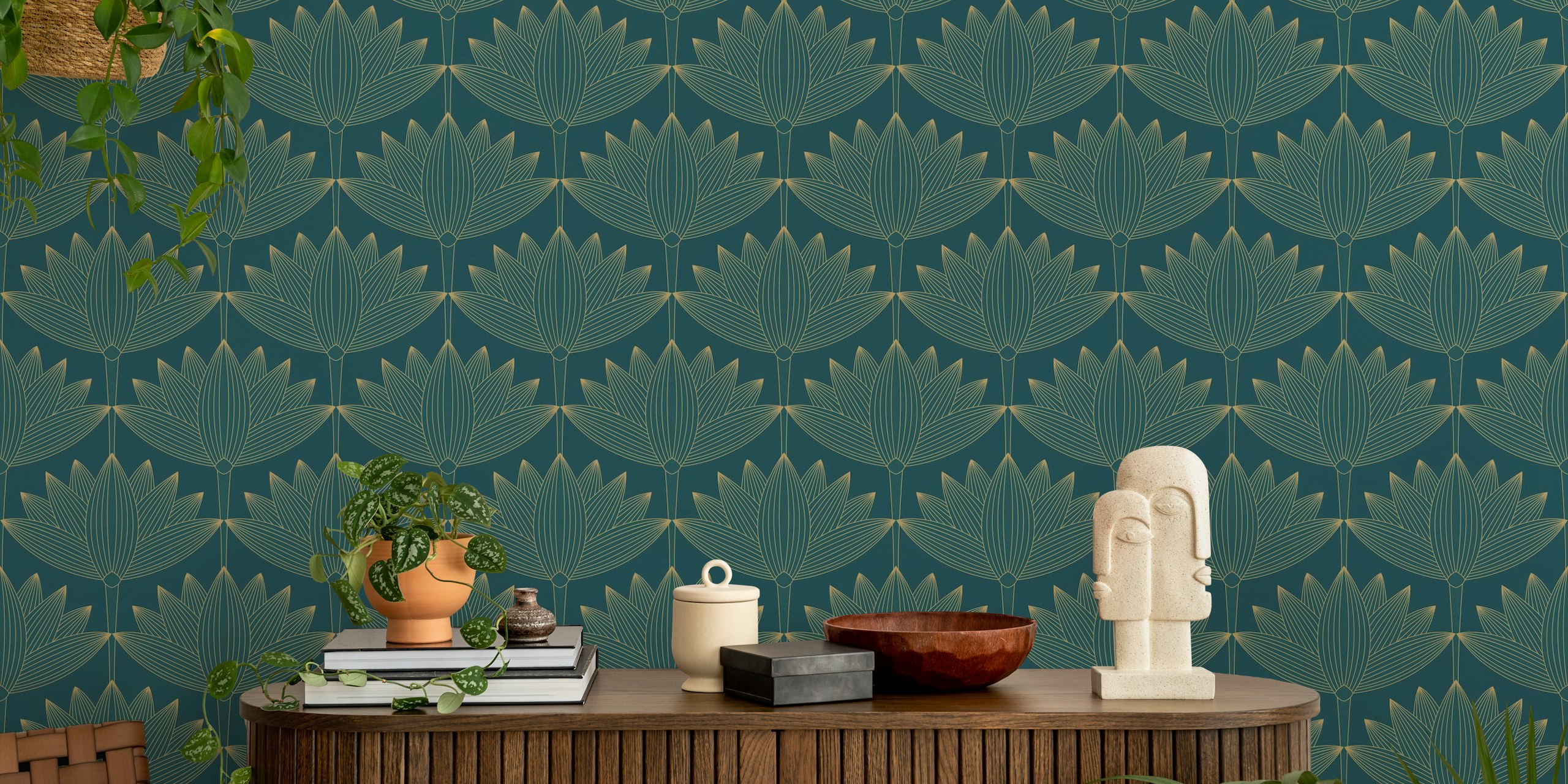 Lotus Art Deco wallpaper in a room