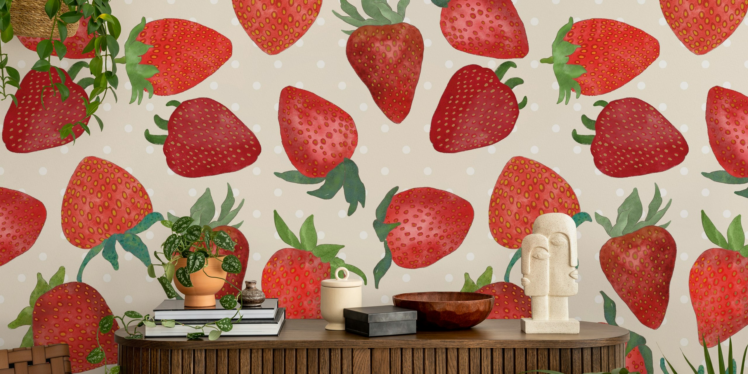 Watercolor strawberries behang in een kamer