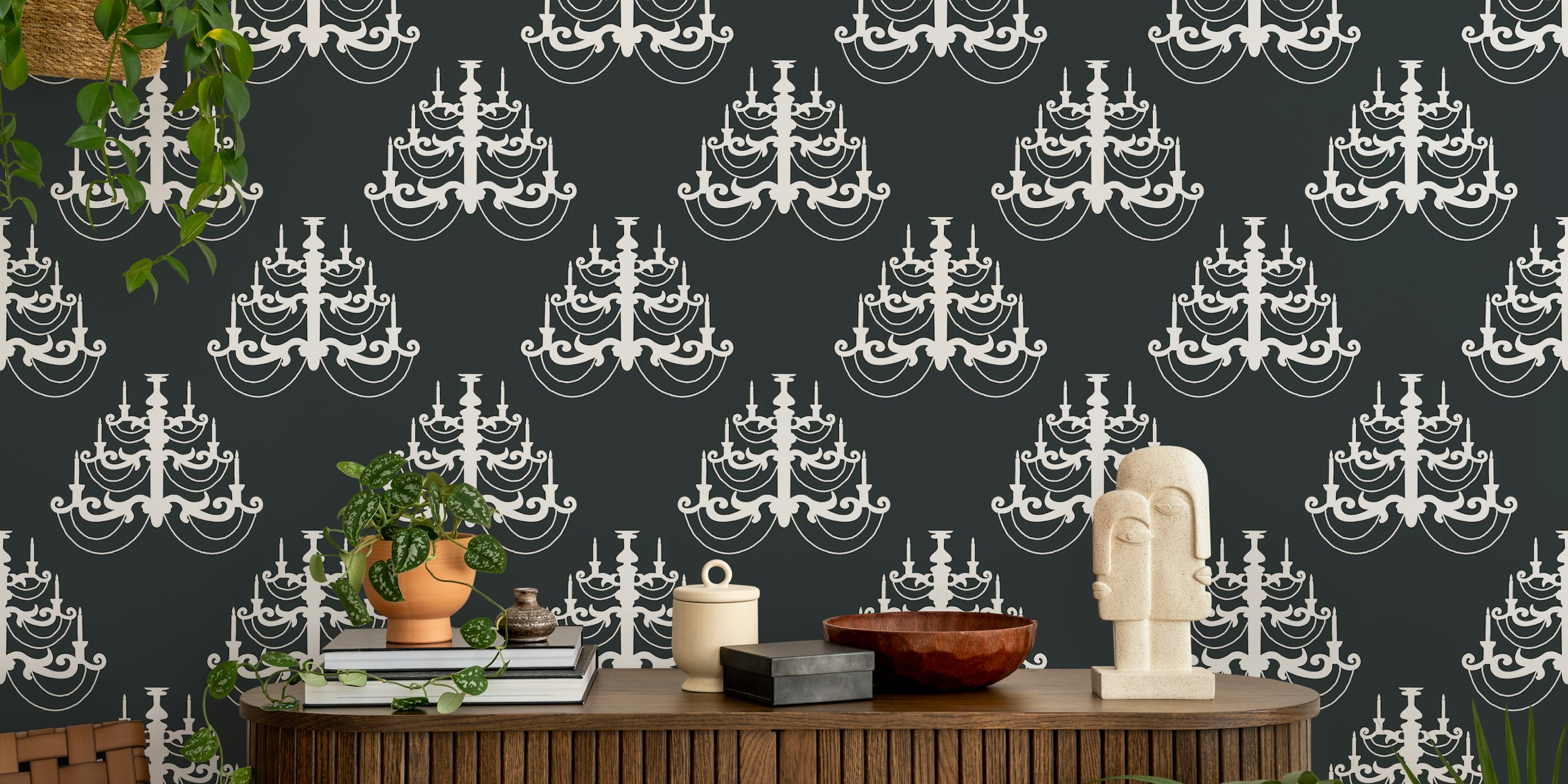 White chandelier pattern on black background wallpaper