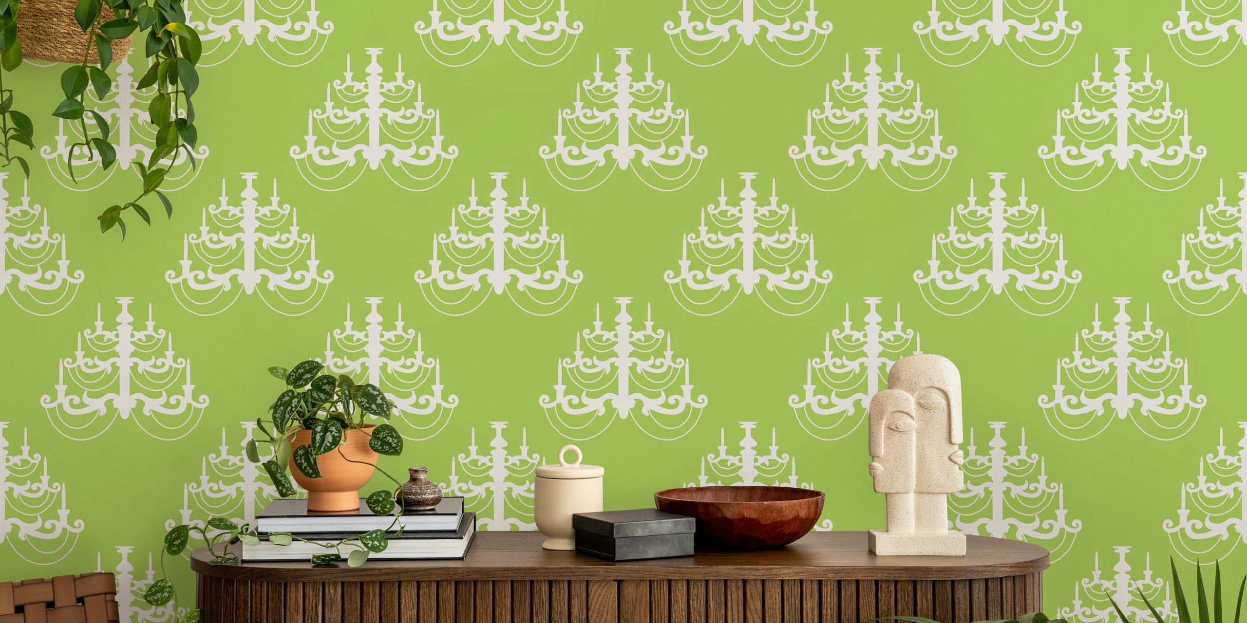White chandelier design on a vibrant green background wallpaper
