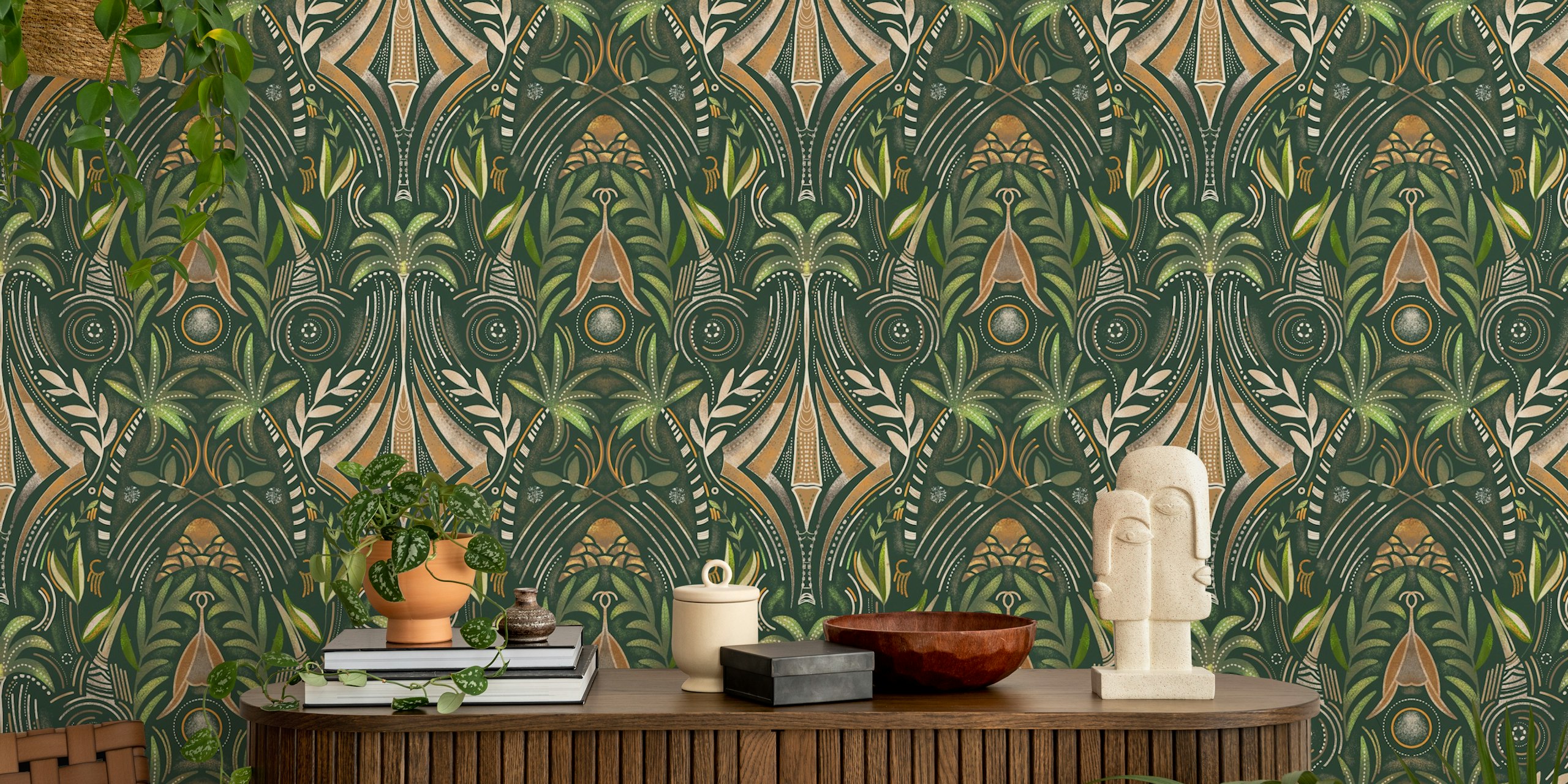Tropical palm leaves with tribal patterns wall mural