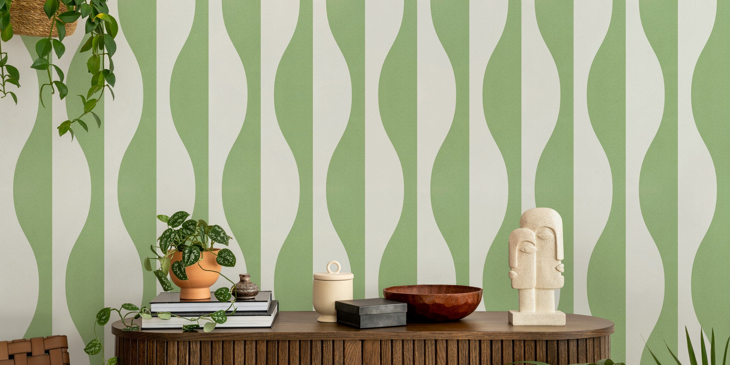 Sage green and white wavy geometric pattern wallpaper
