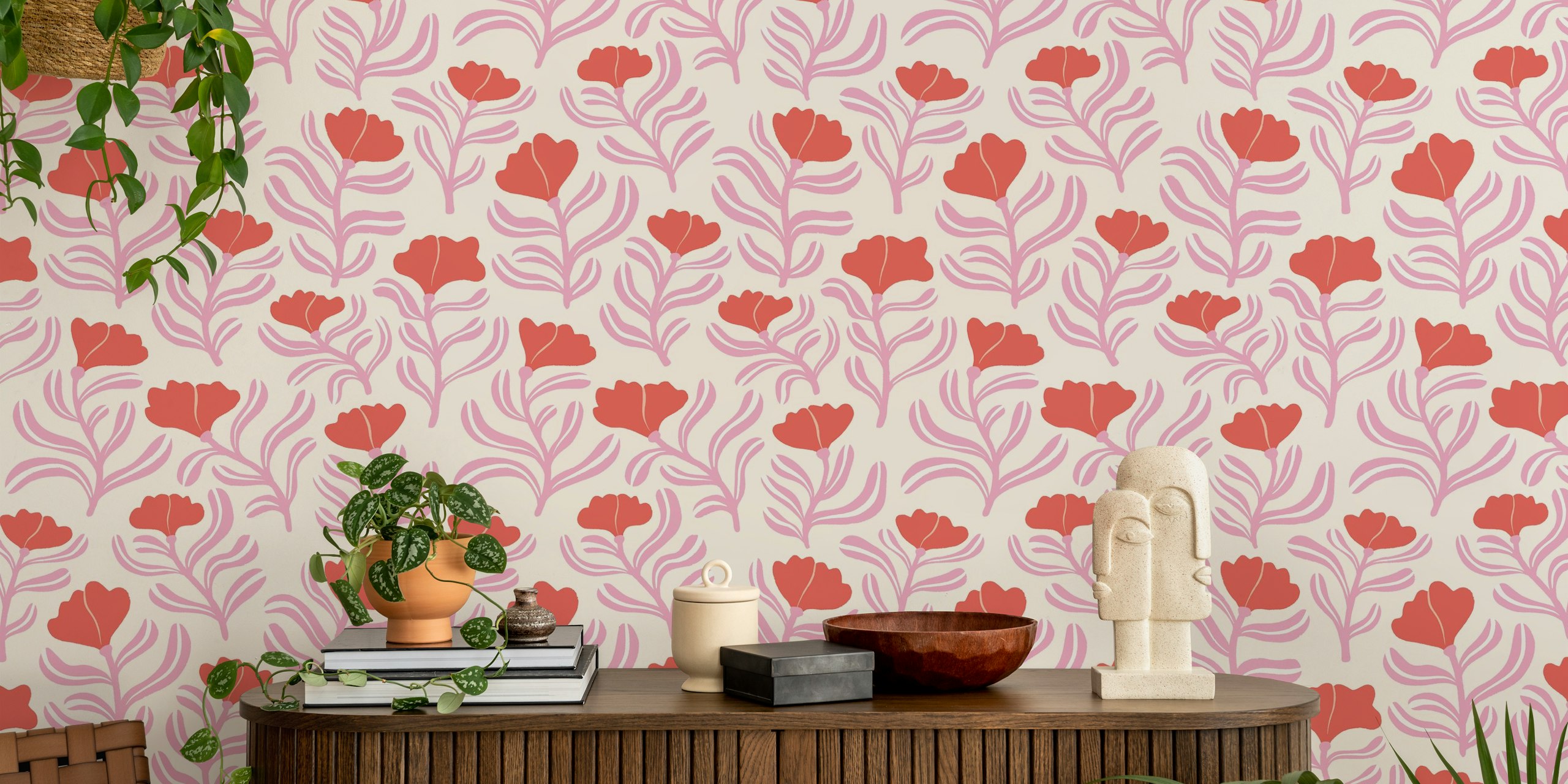 Pink and red floral pattern on light background wallpaper