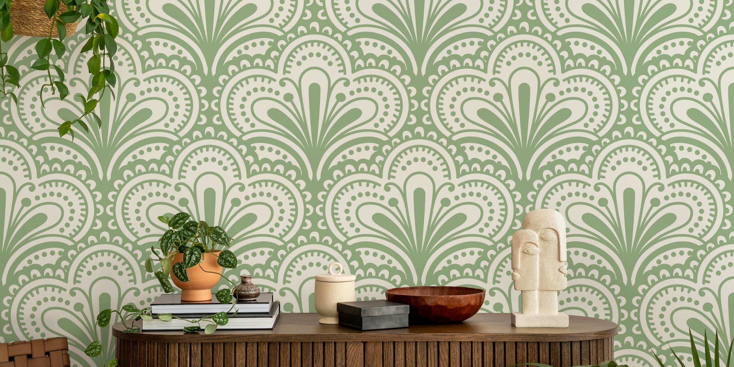 Fotomural con estampado de vieiras ornamentales en color salvia