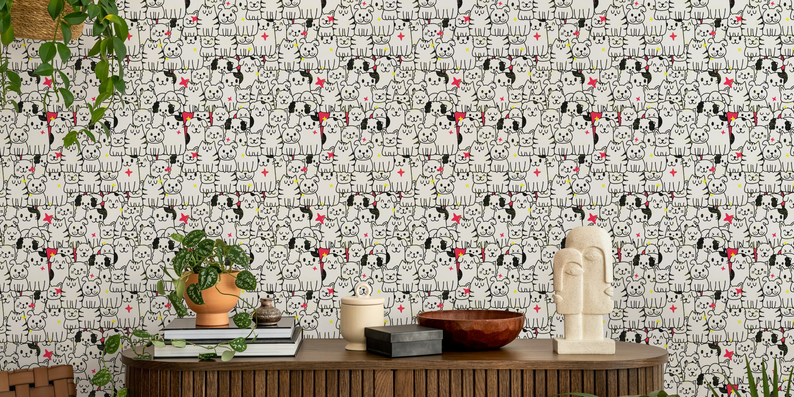 Cute cartoon dogs and cats design in black, white, and colorful stars wallpaper