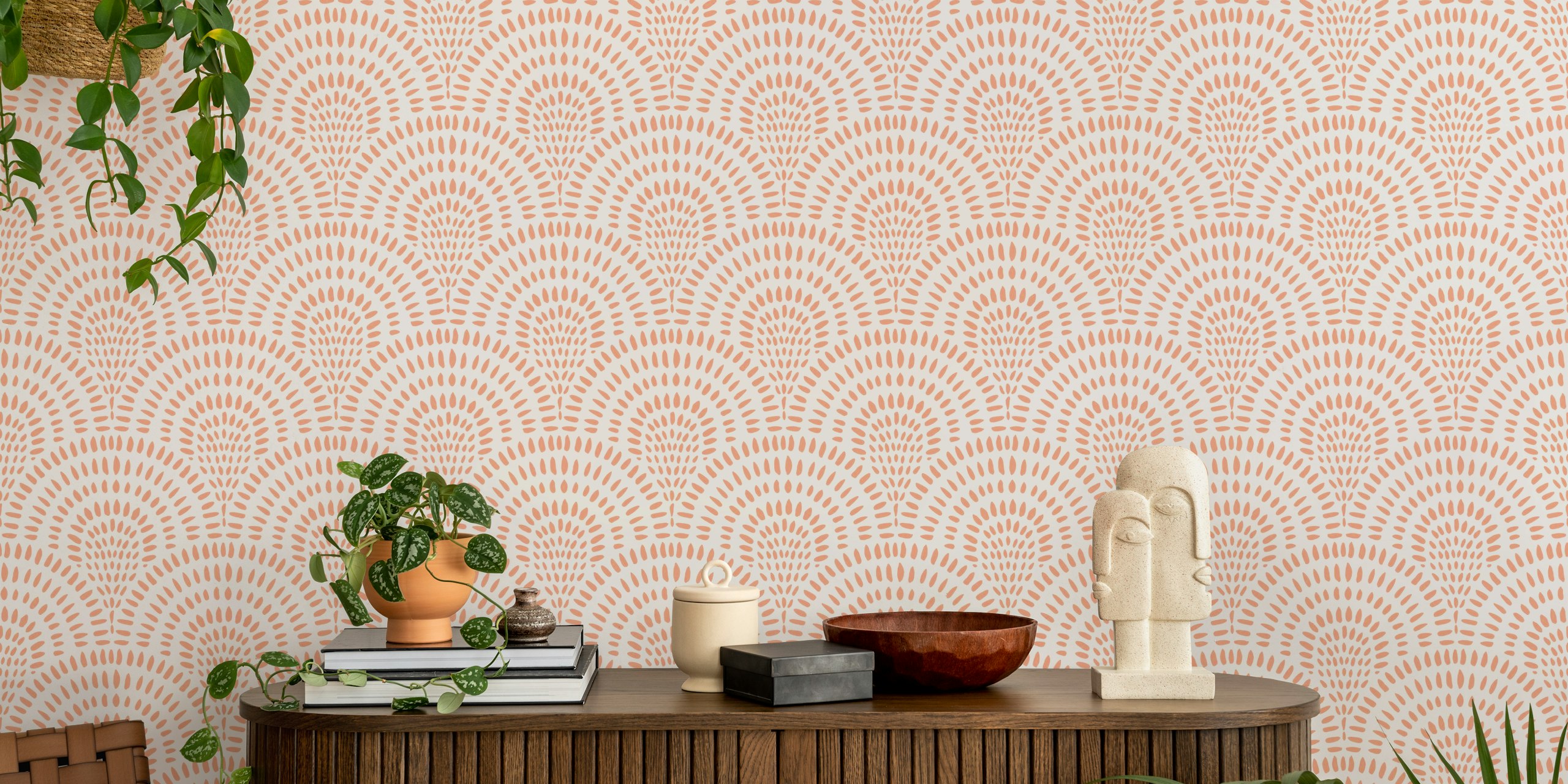 Coral pink scallops wallpaper in a room