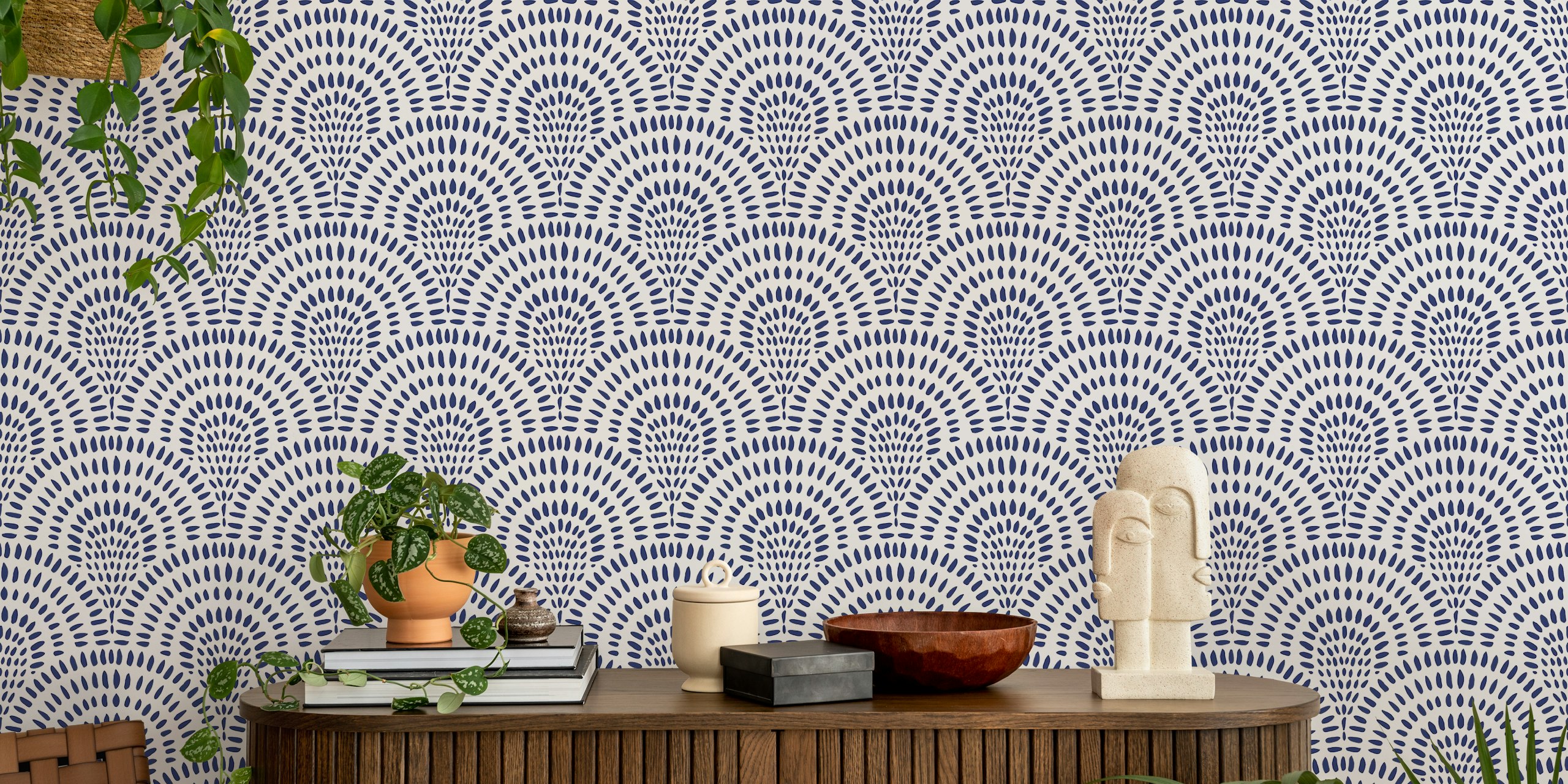 Navy blue scallops pattern on white wallpaper