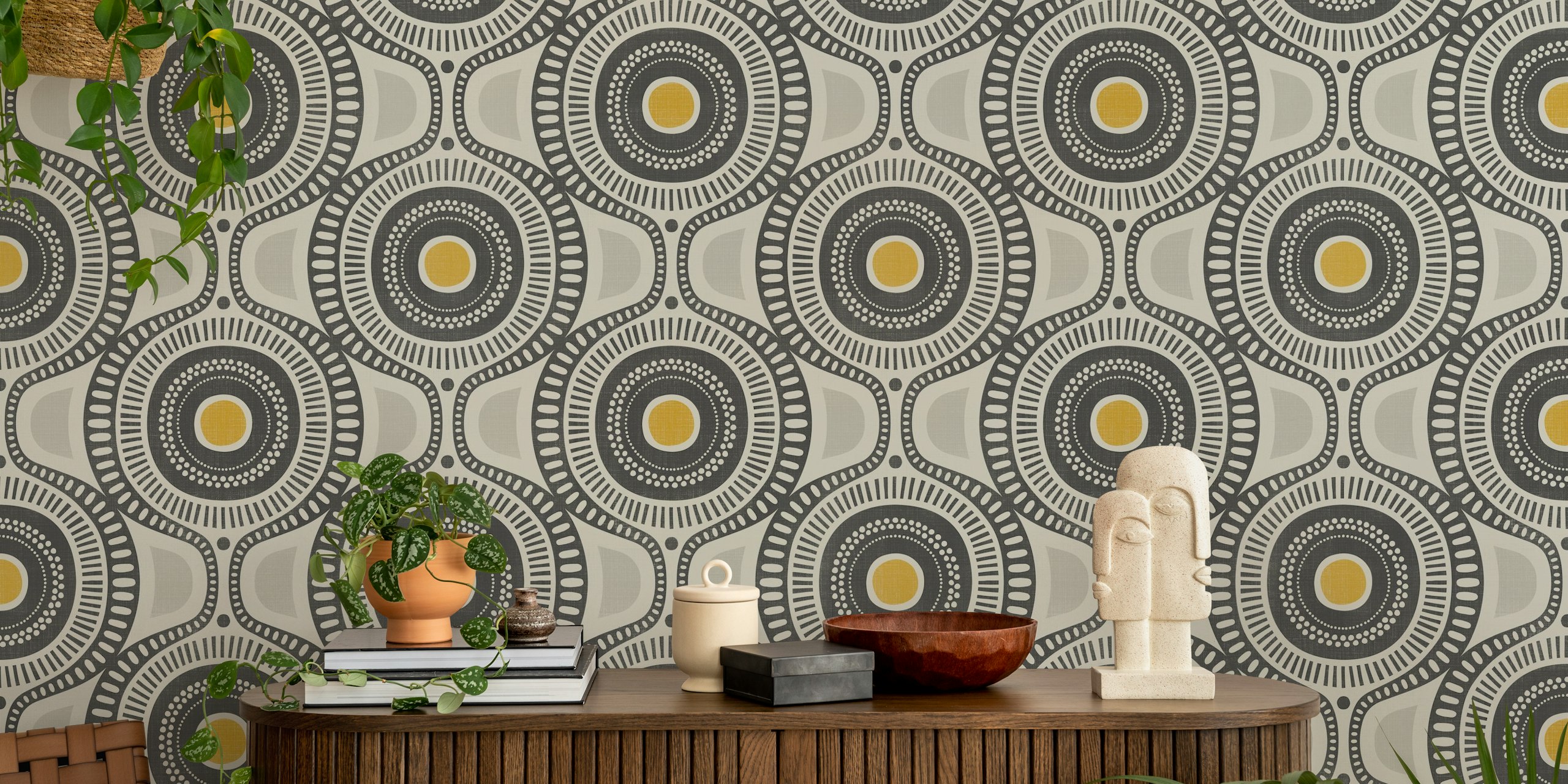 Geometric shapes with grey, black, and yellow accents wallpaper