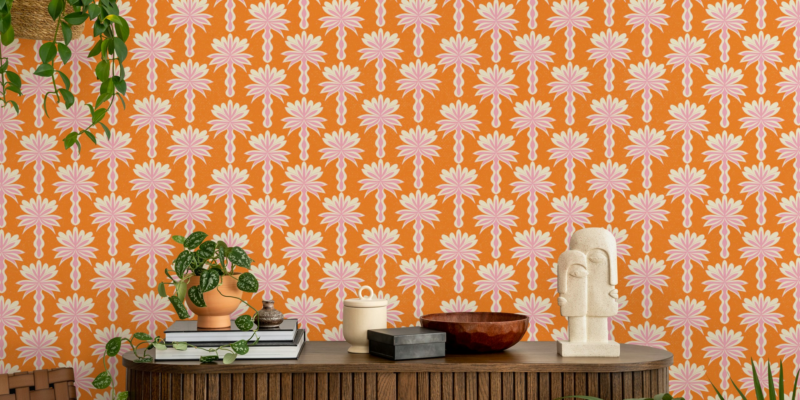 Tropical Pink and orange summer palm trees tapet i et rum