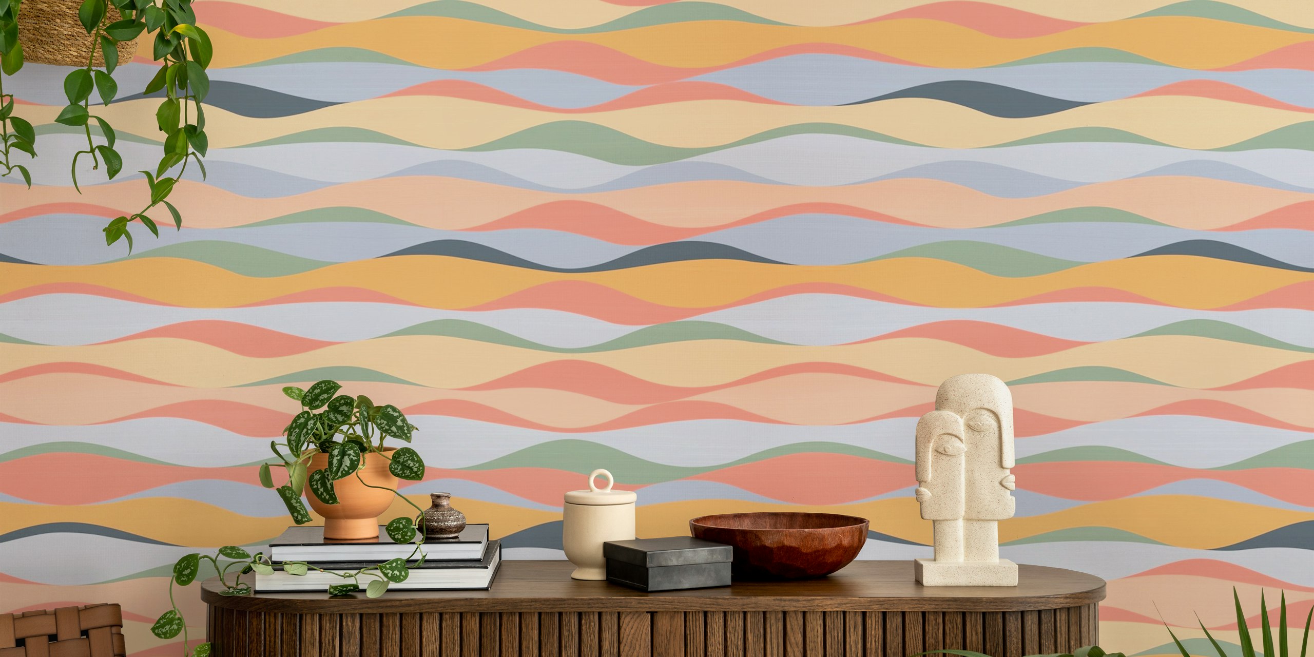 Pastel colored wavy lines wall mural creating a tranquil and serene ambiance.