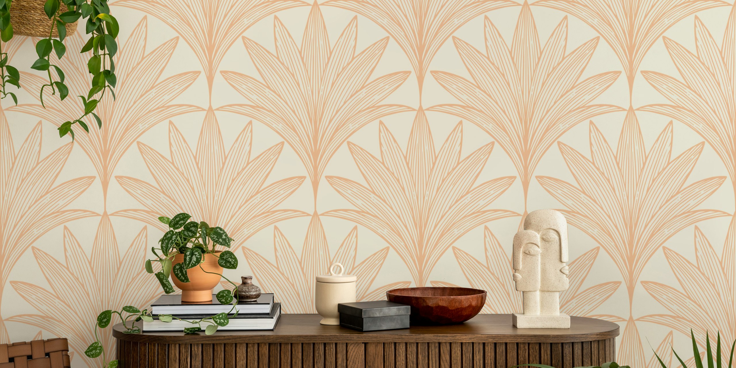 Art Deco palm leaf pattern in peach on ivory wallpaper