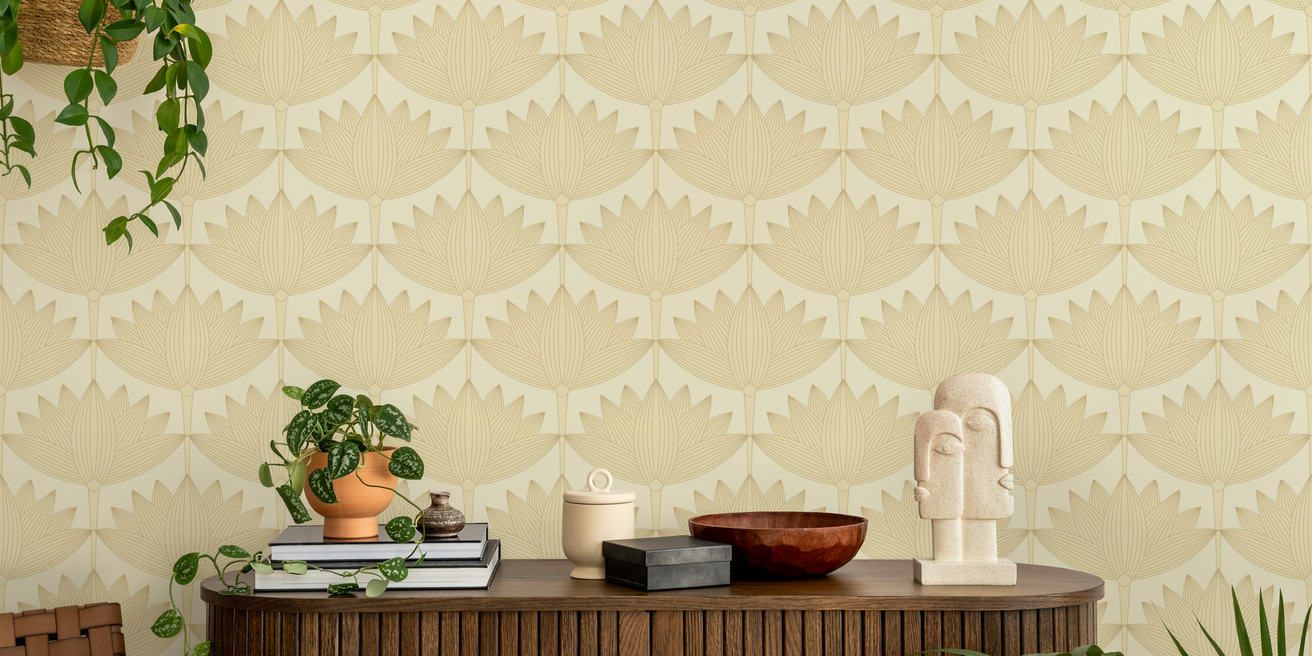 Lotus Art Deco tapet i beige og creme