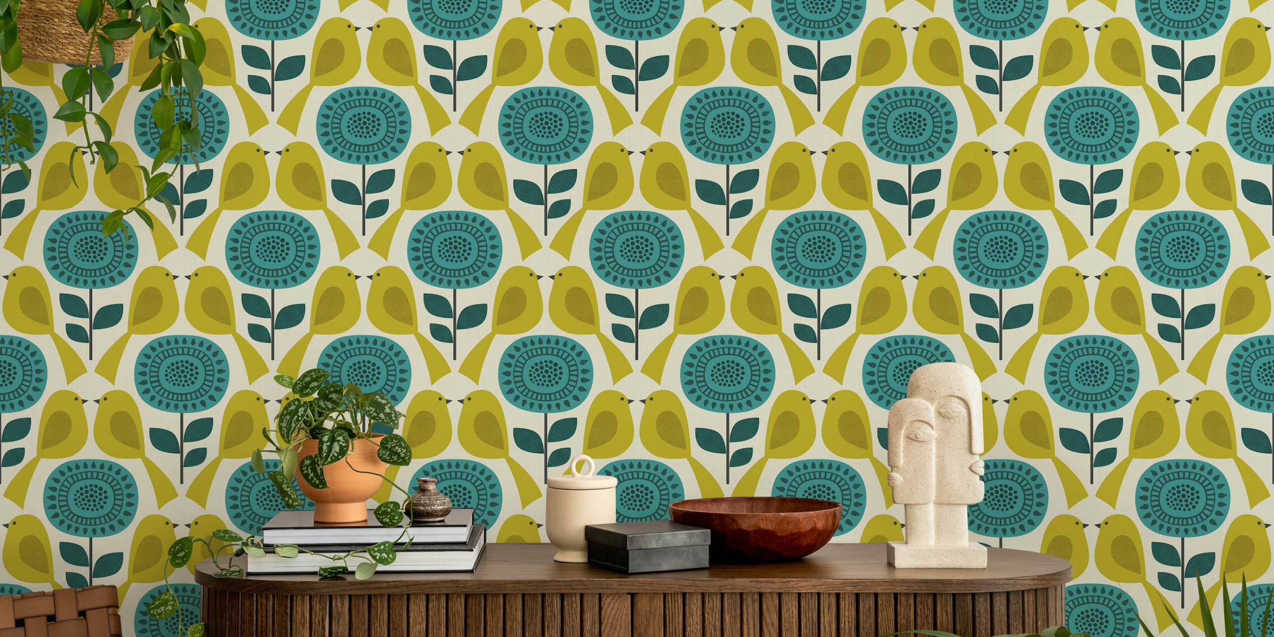 Geometric flowers and birds design tapet