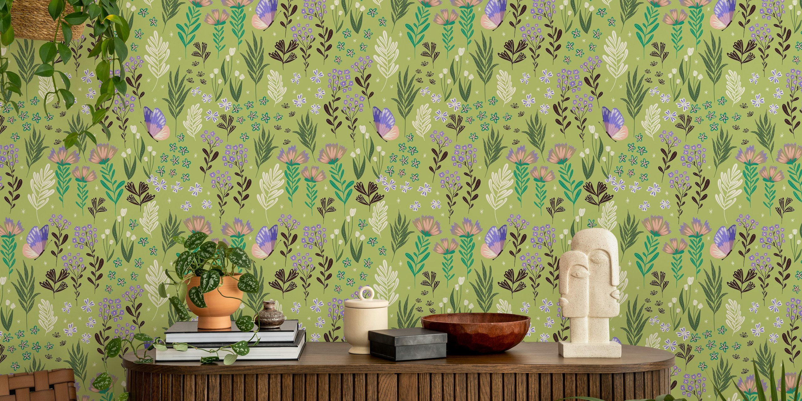 Floral green wallpaper with butterflies and various colorful flowers