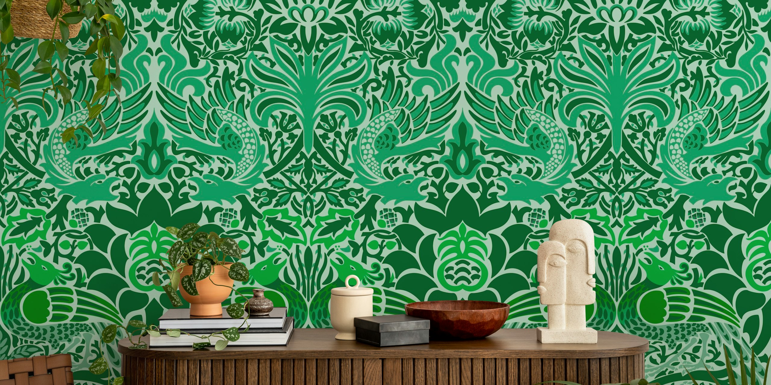 Green peacock and dragon pattern wallpaper with floral elements