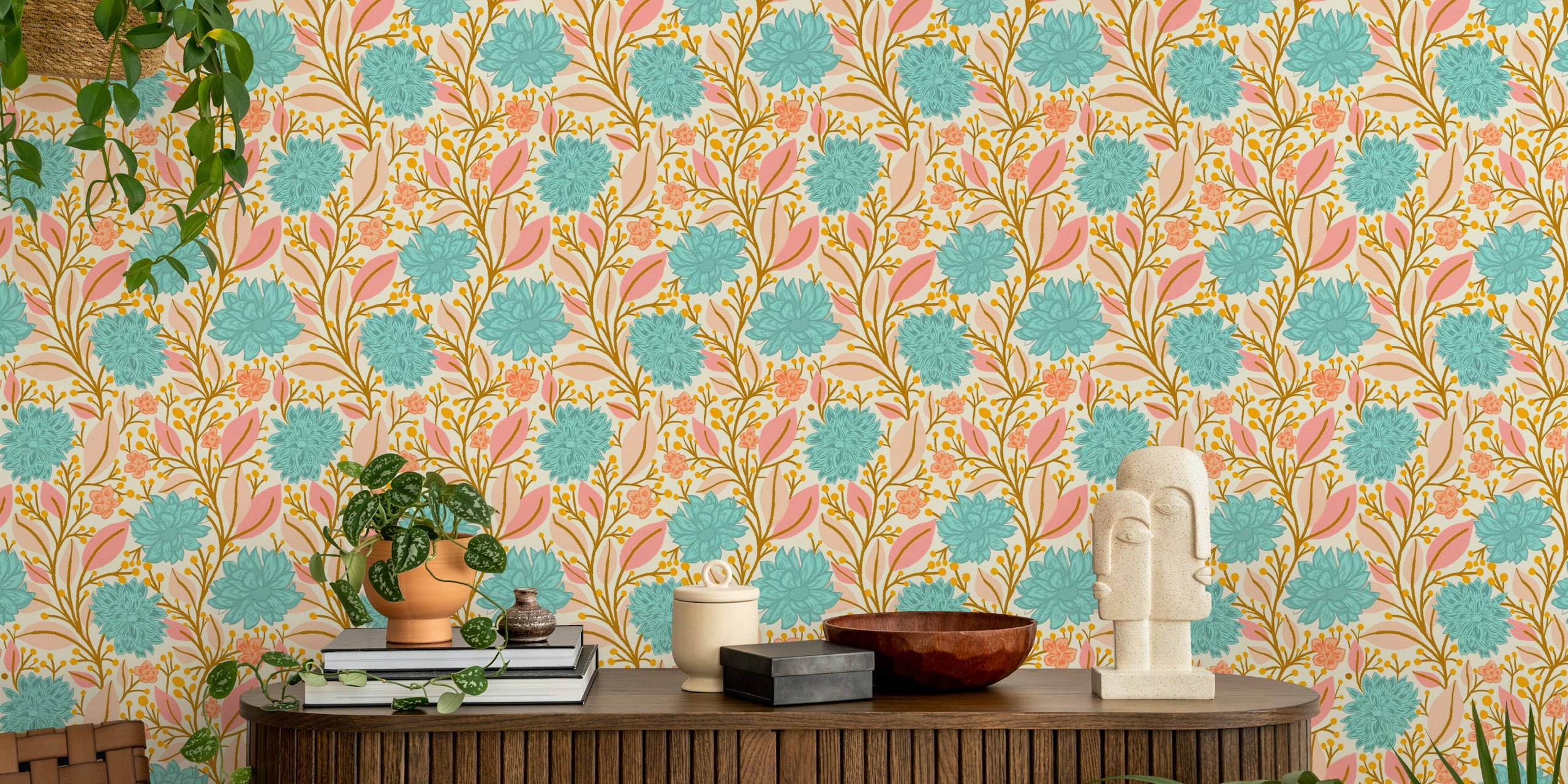 Soft blue and pink floral trailing behang in een kamer