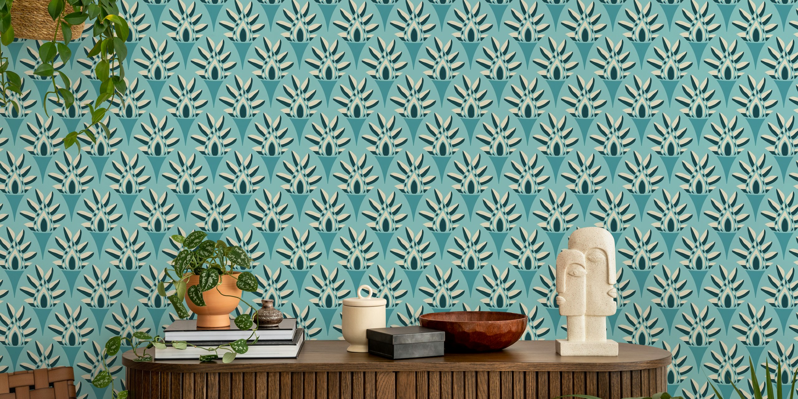 Aqua teal botanical leaf pattern wallpaper
