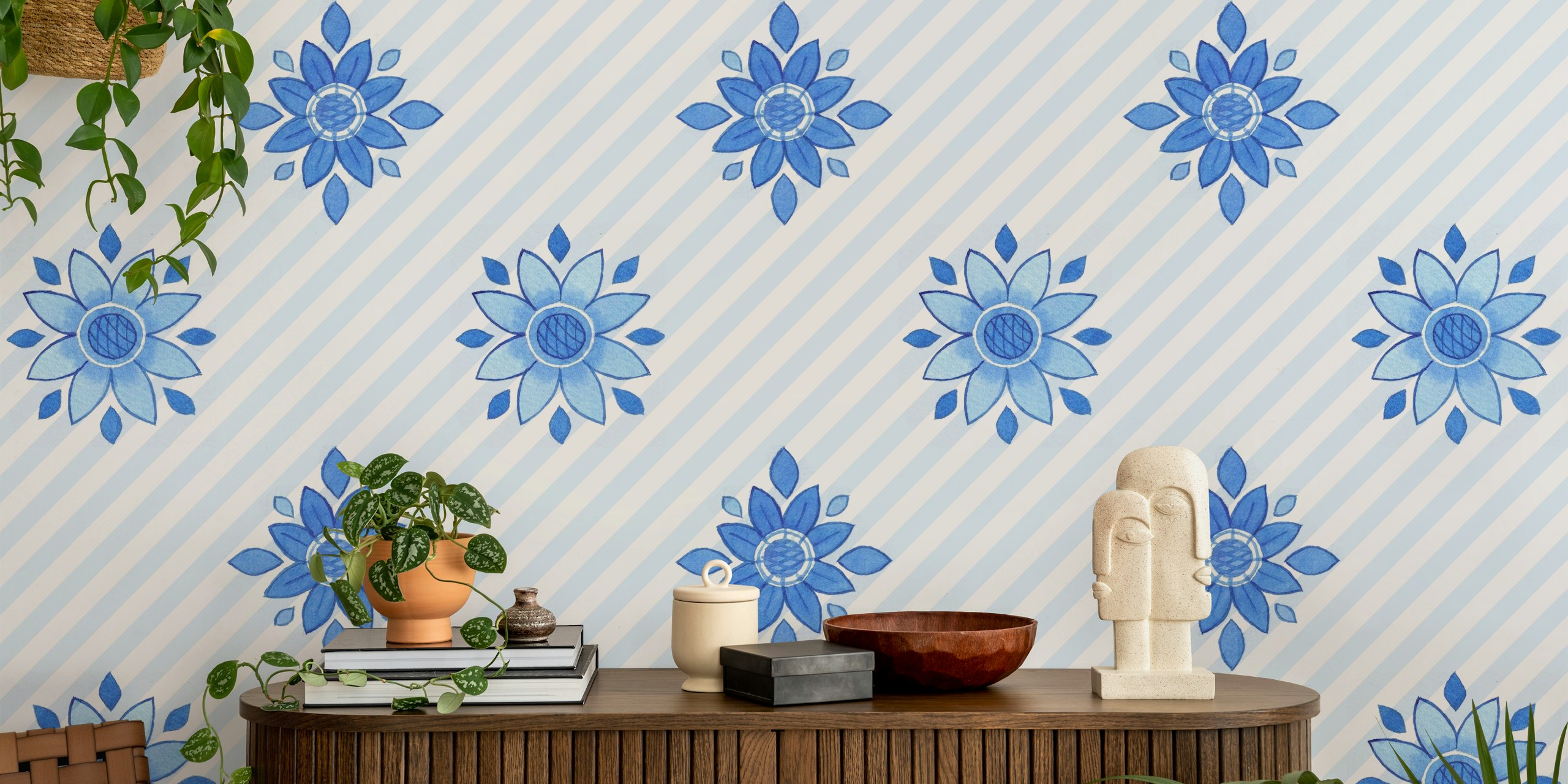 Zidna obloga s Diagonal stripes with blue florals