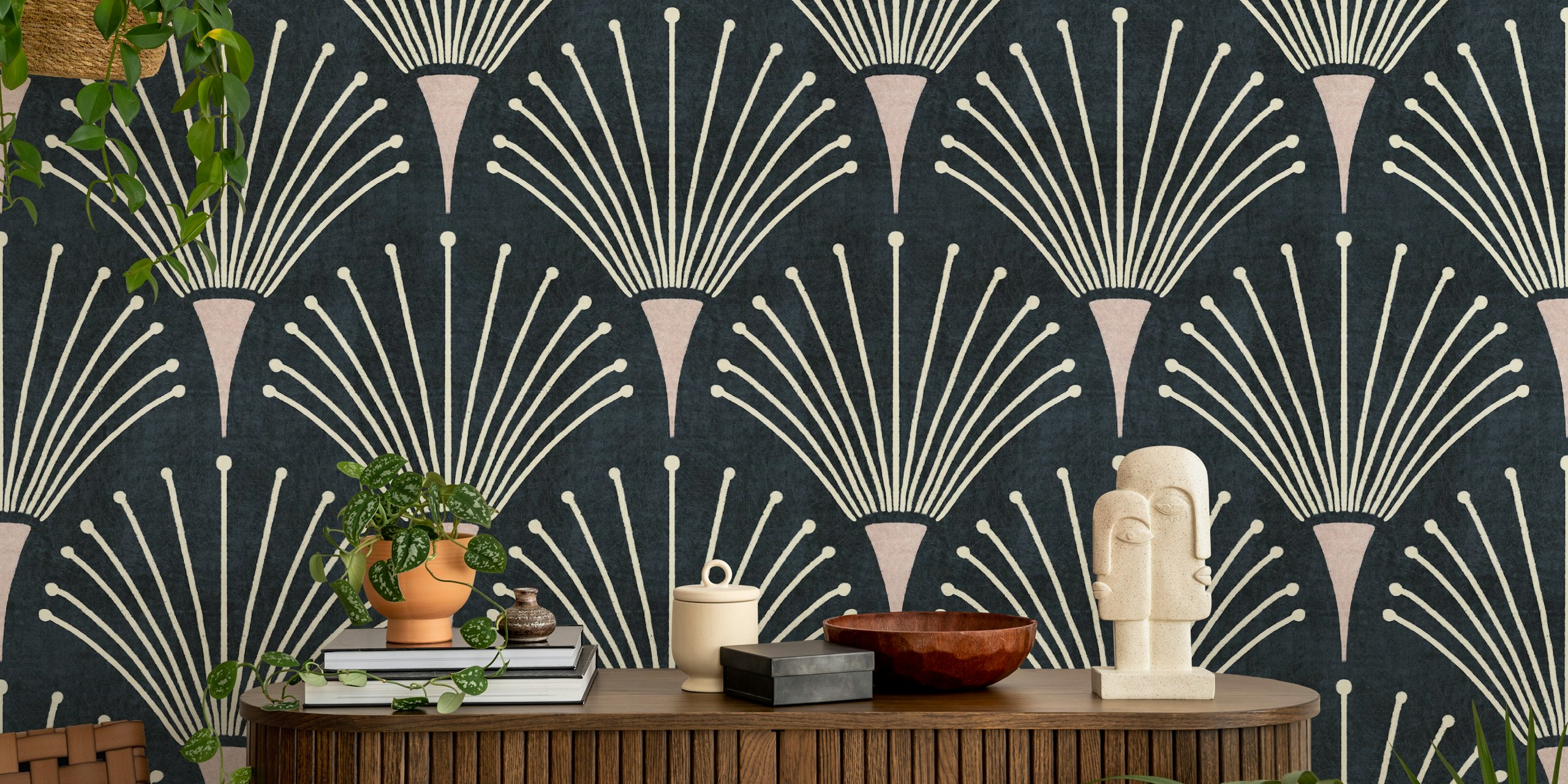 Albertine navy wallpaper displayed in a room
