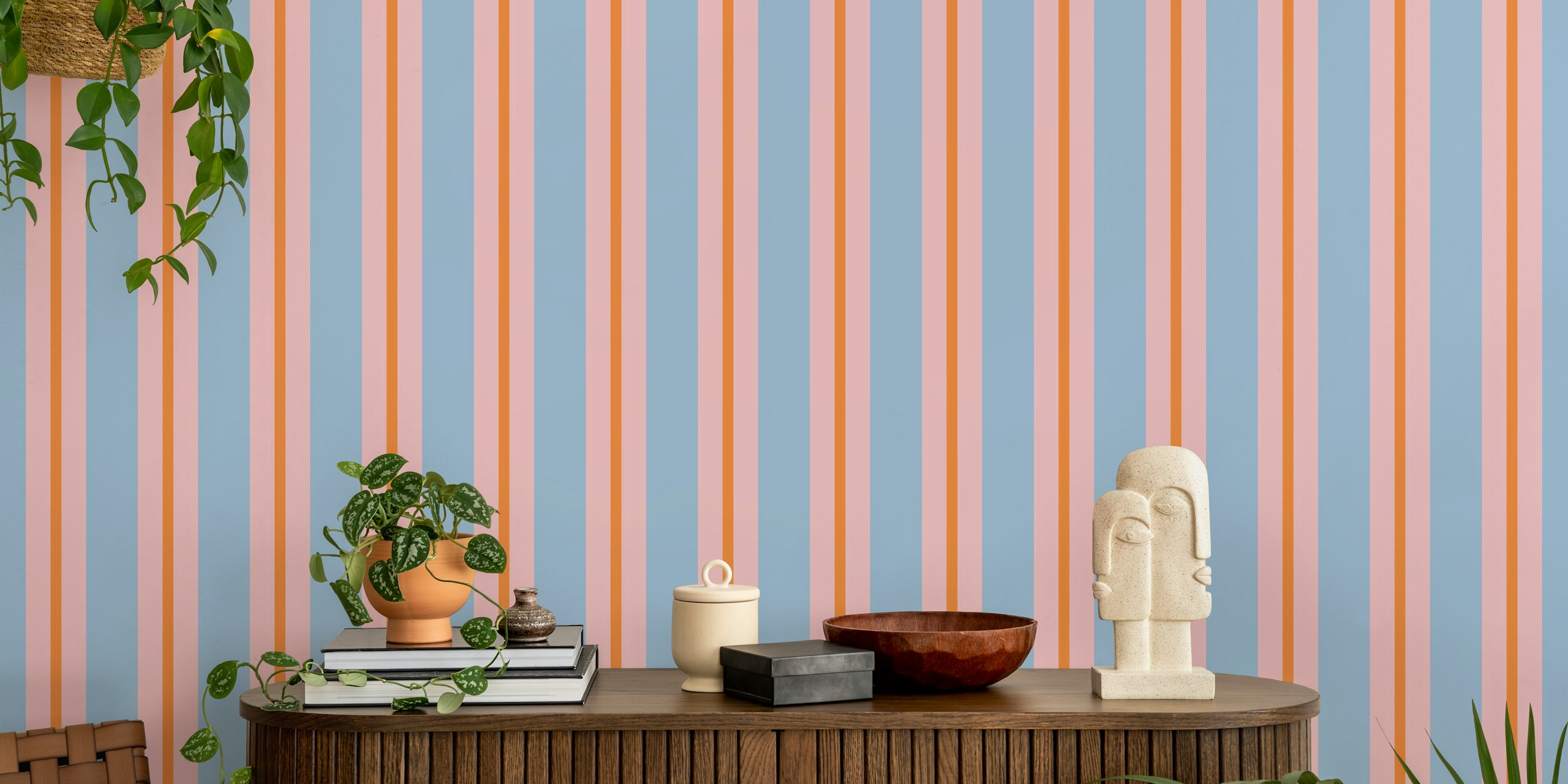 Striped wallpaper in pink, blue, and orange colors
