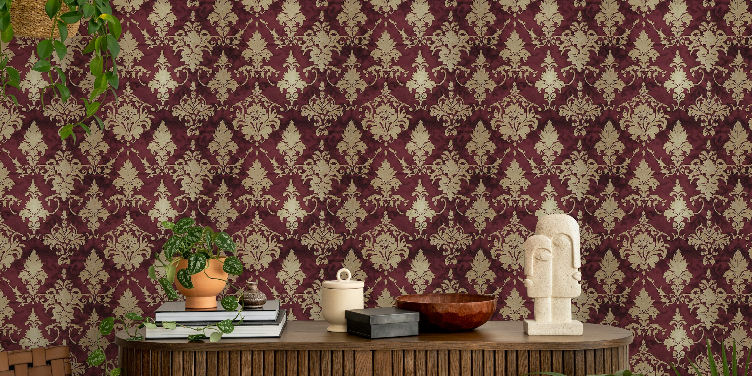 Red and gold damask pattern wallpaper