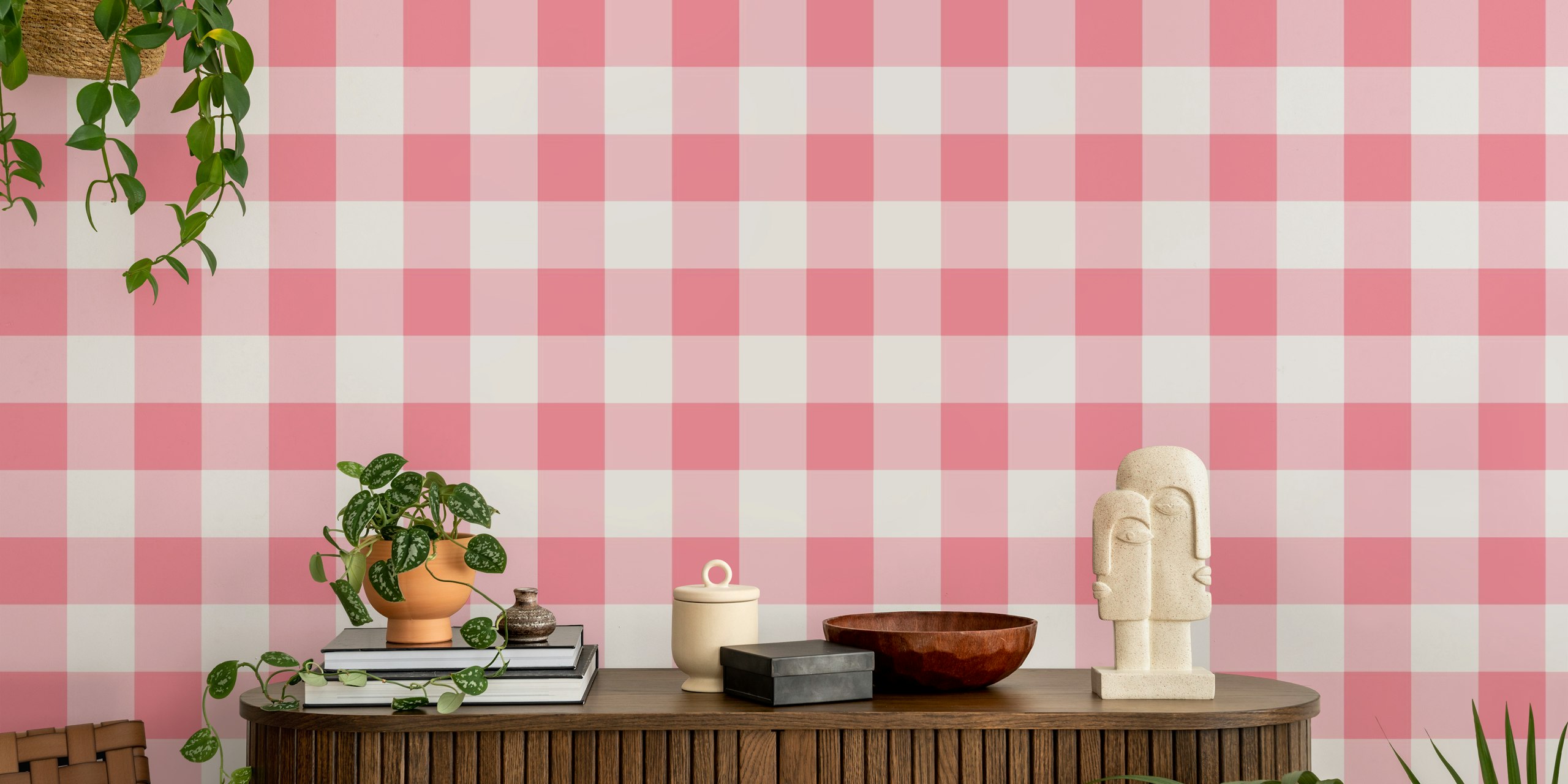 Pink Gingham Wallpaper in a room setting