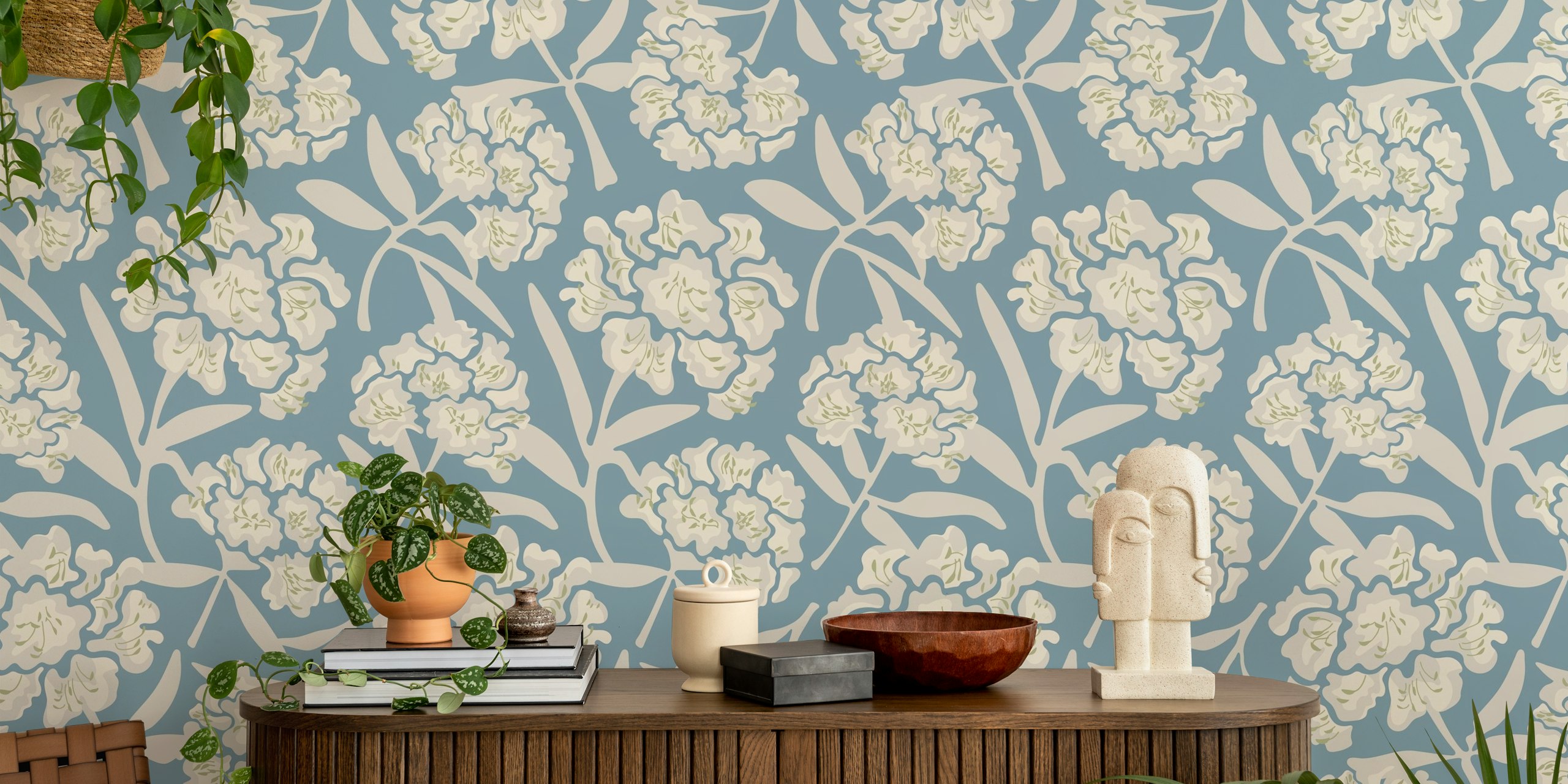 Rhododendrons Retro Floral wallpaper in een kamer