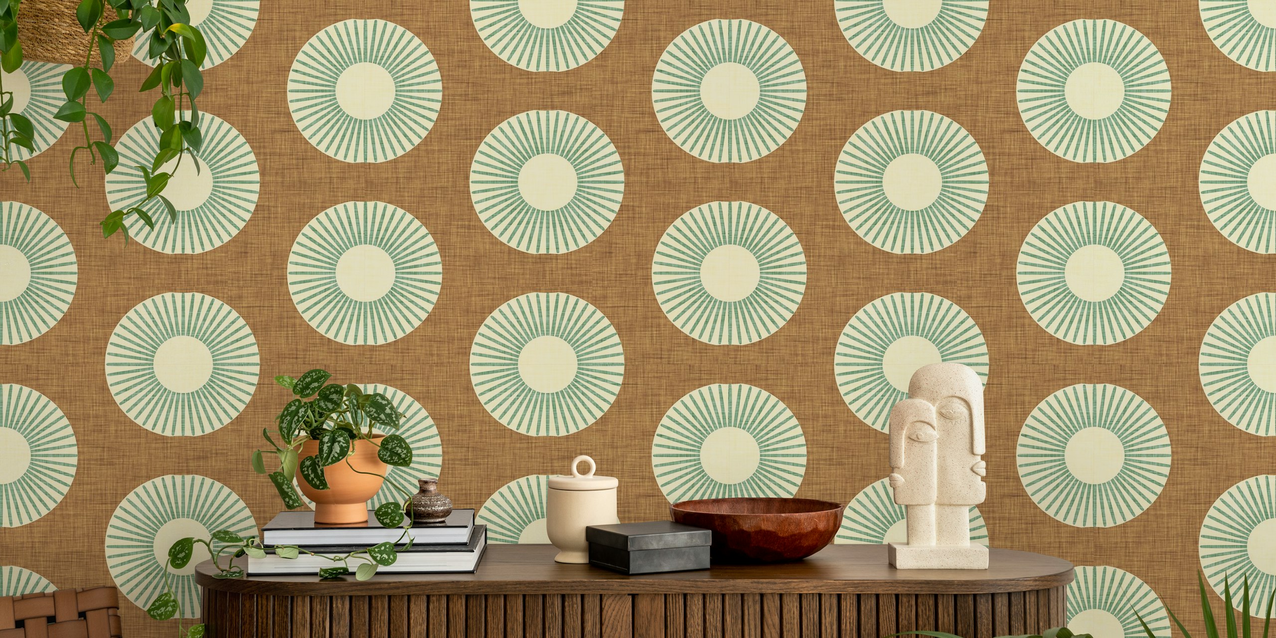 Earth Mod Abstract Sun Brown Green behang in een kamer