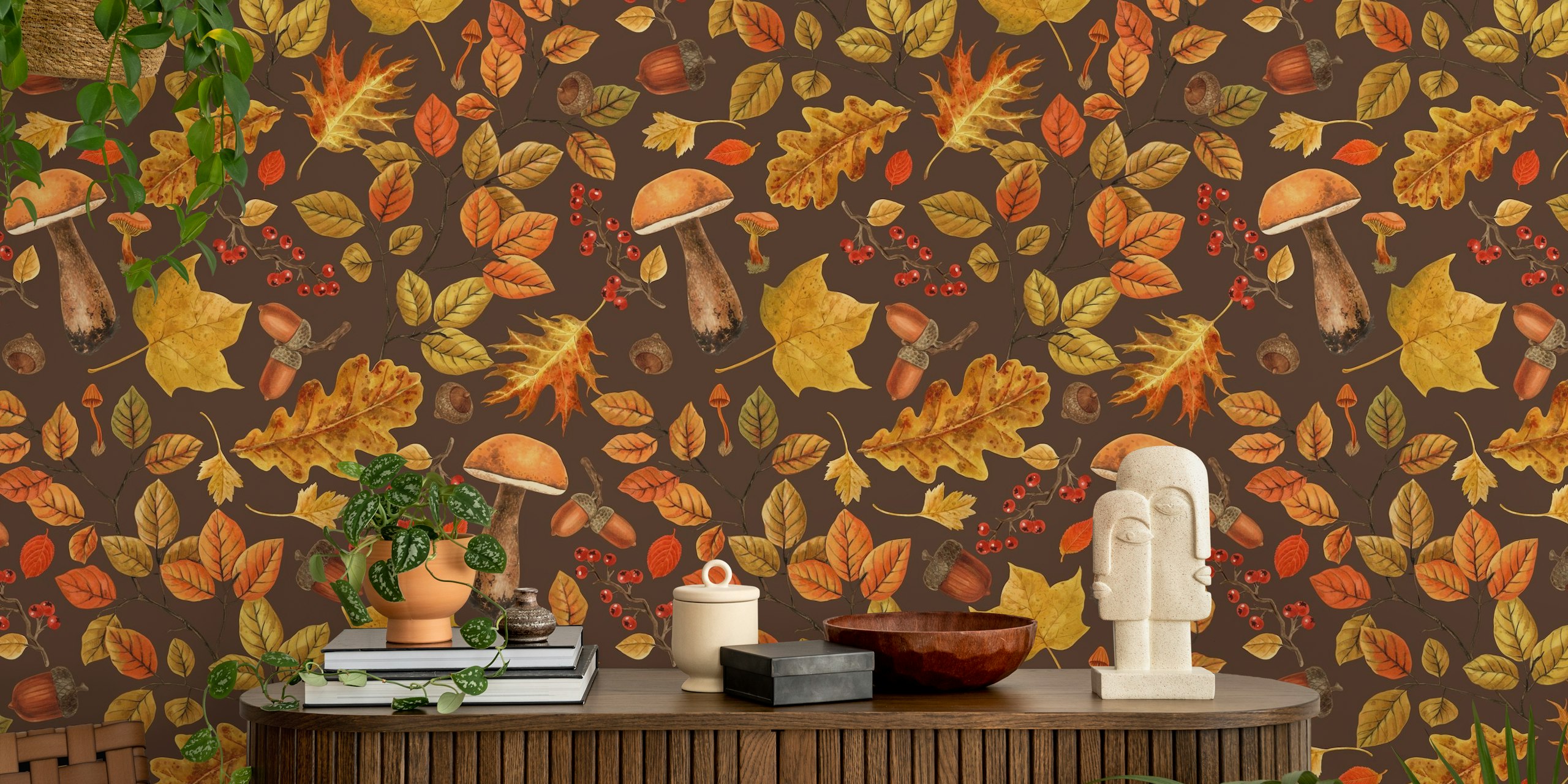 Autumnal forest wallpaper design με φύλλα και μανιτάρια