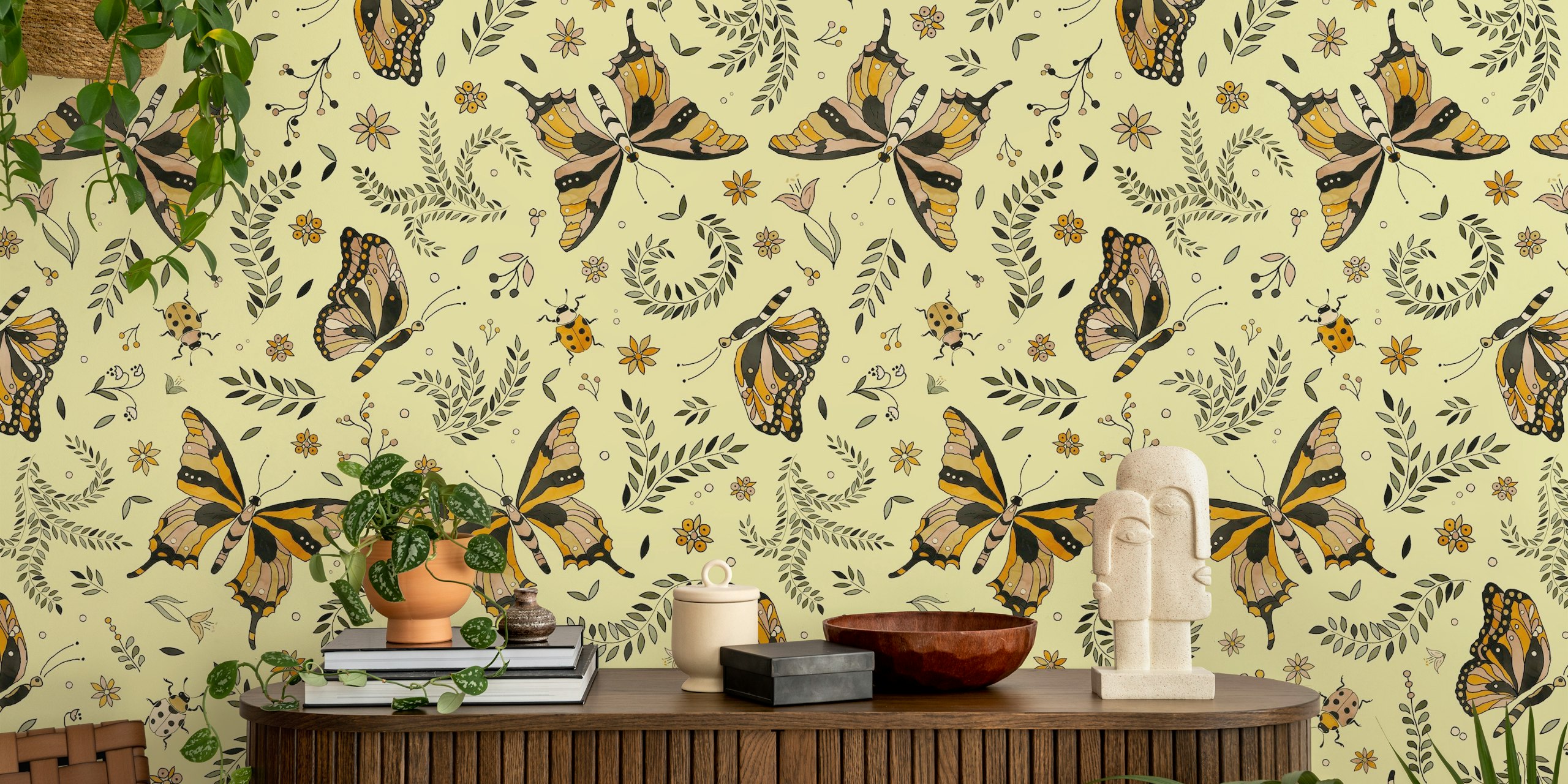 Butterfly floral pattern in yellow tones wallpaper