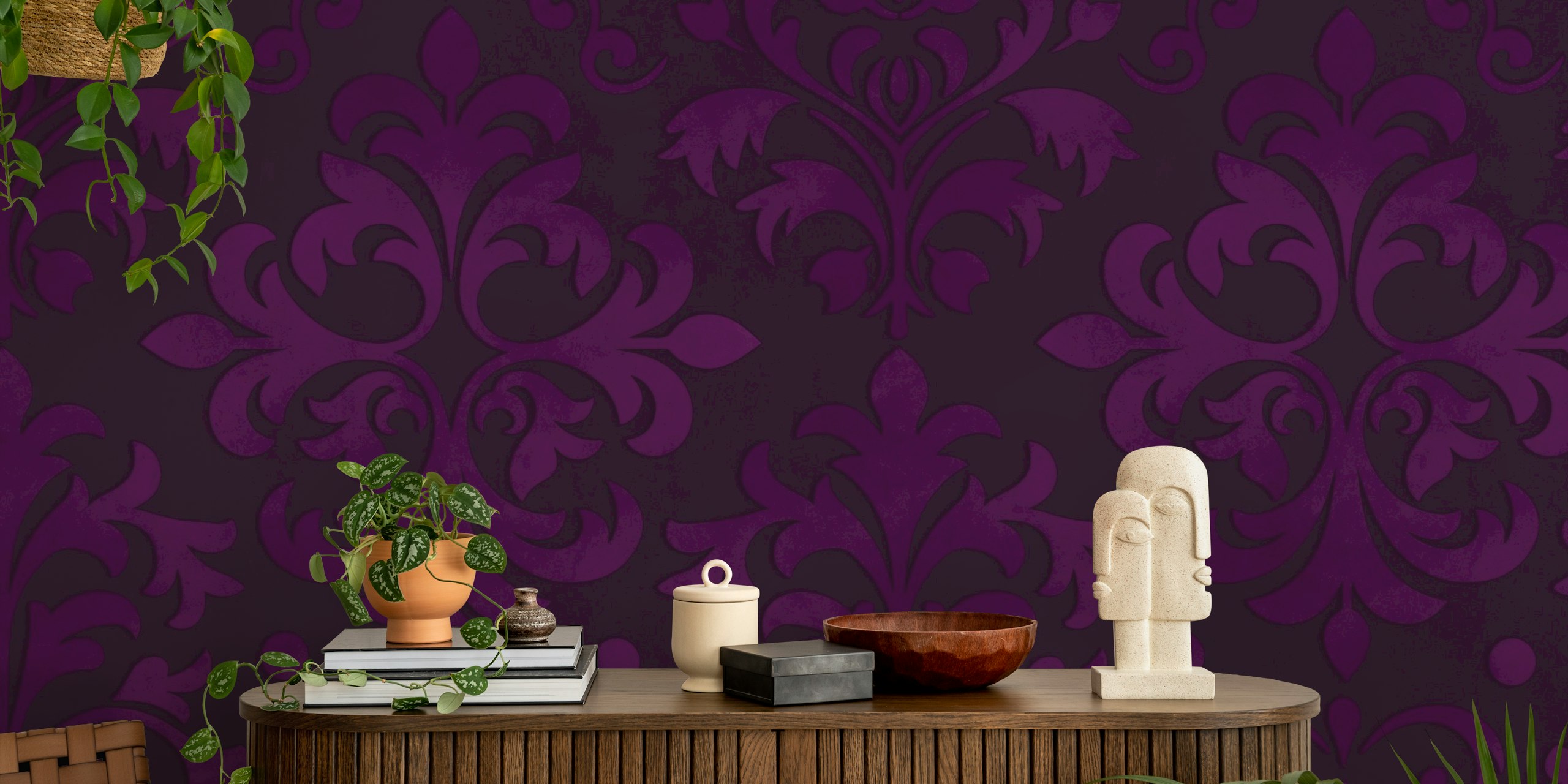 Papier peint Victorian Amethyst Velveteen Damask dans une pièce