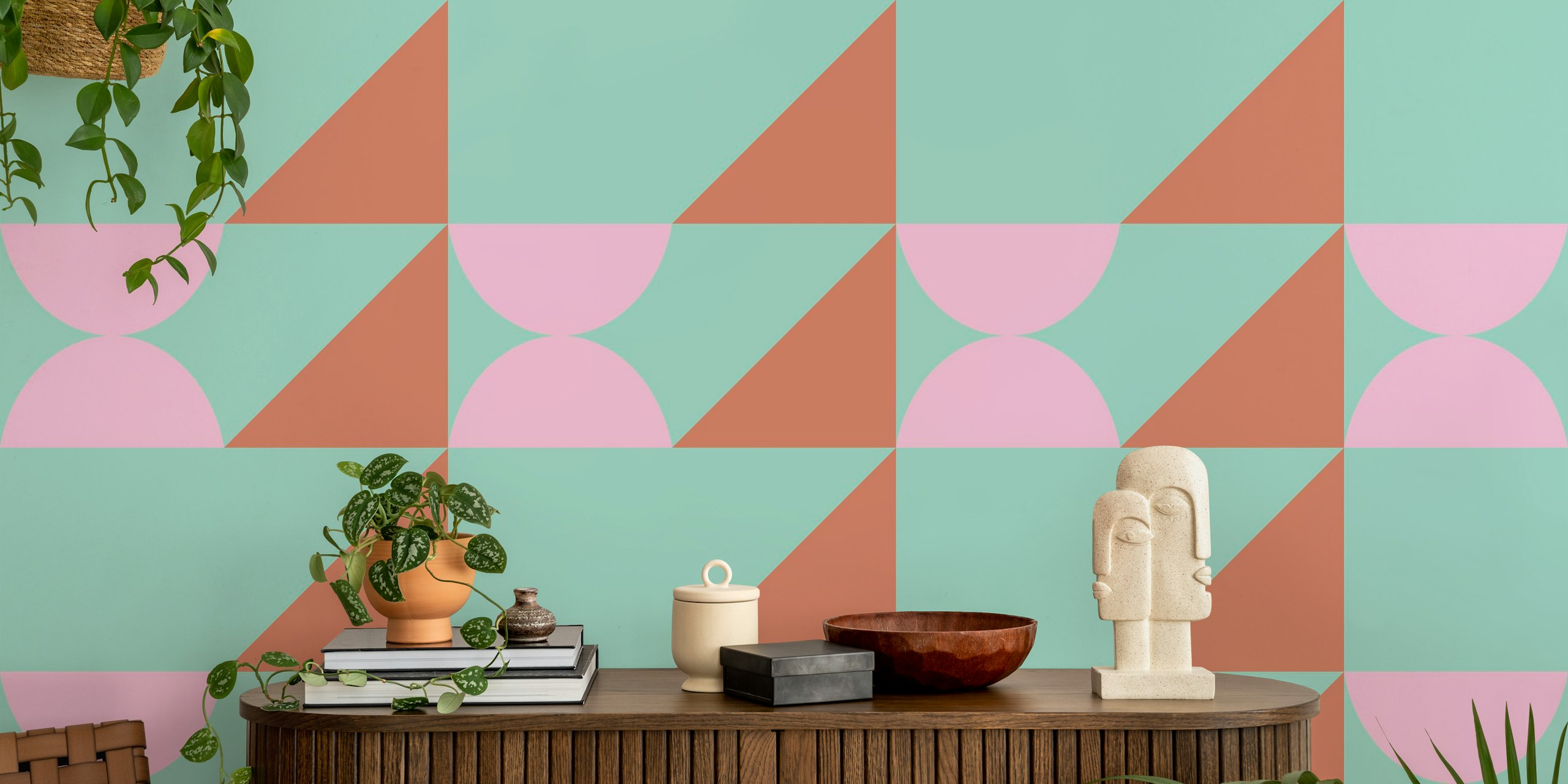 Mint pastel geometric shapes wallpaper in a room