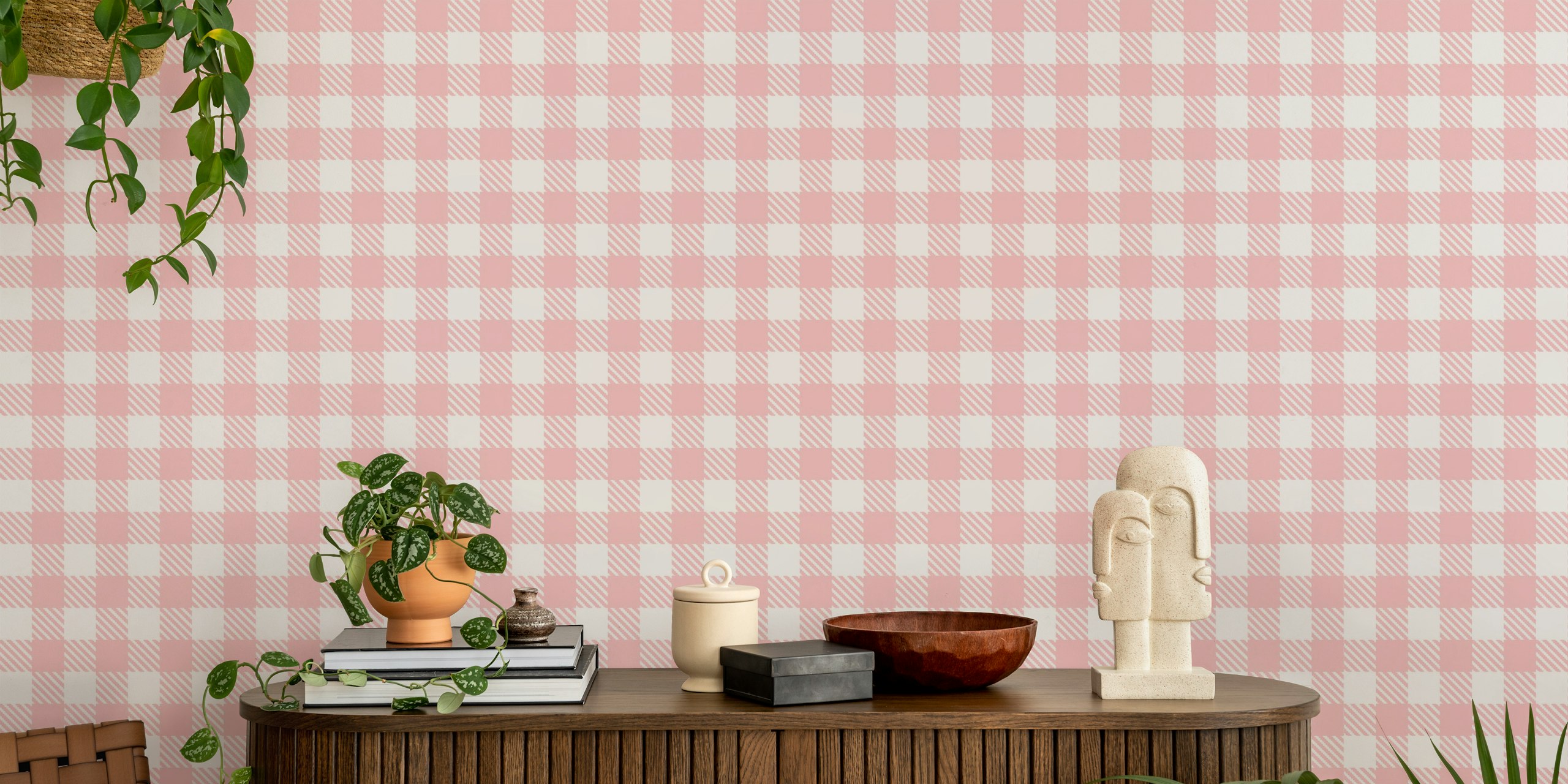 Papier peint à motif vichy rose charmant dans une pièce