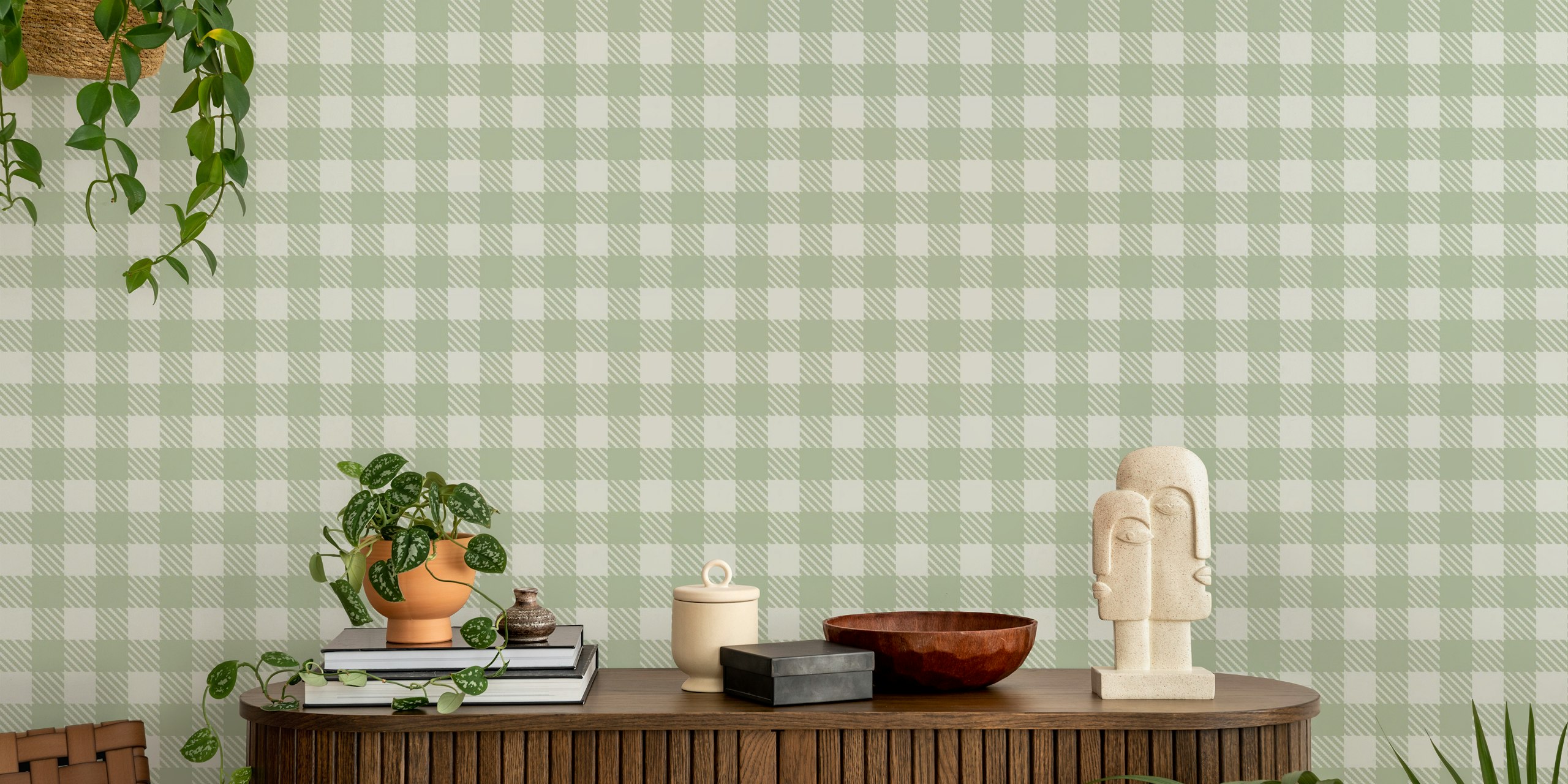 Gingham pattern in green and white on wallpaper